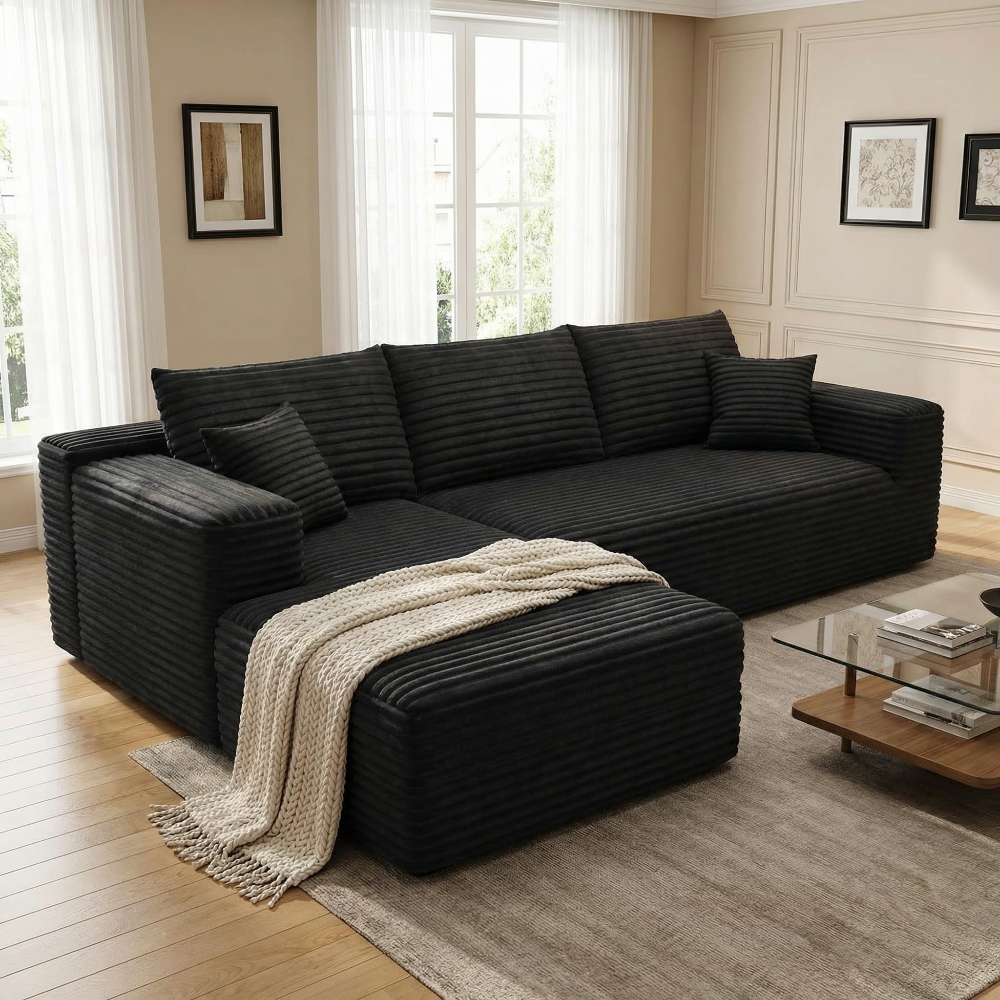 108" Cloud Sectional Couch with L-Shape Chaise,Modern Modular Sofa with Deep Seat, Boneless Sofa Couches for Living Room,No Assembly Required, (Black,Left Facing Chaise)