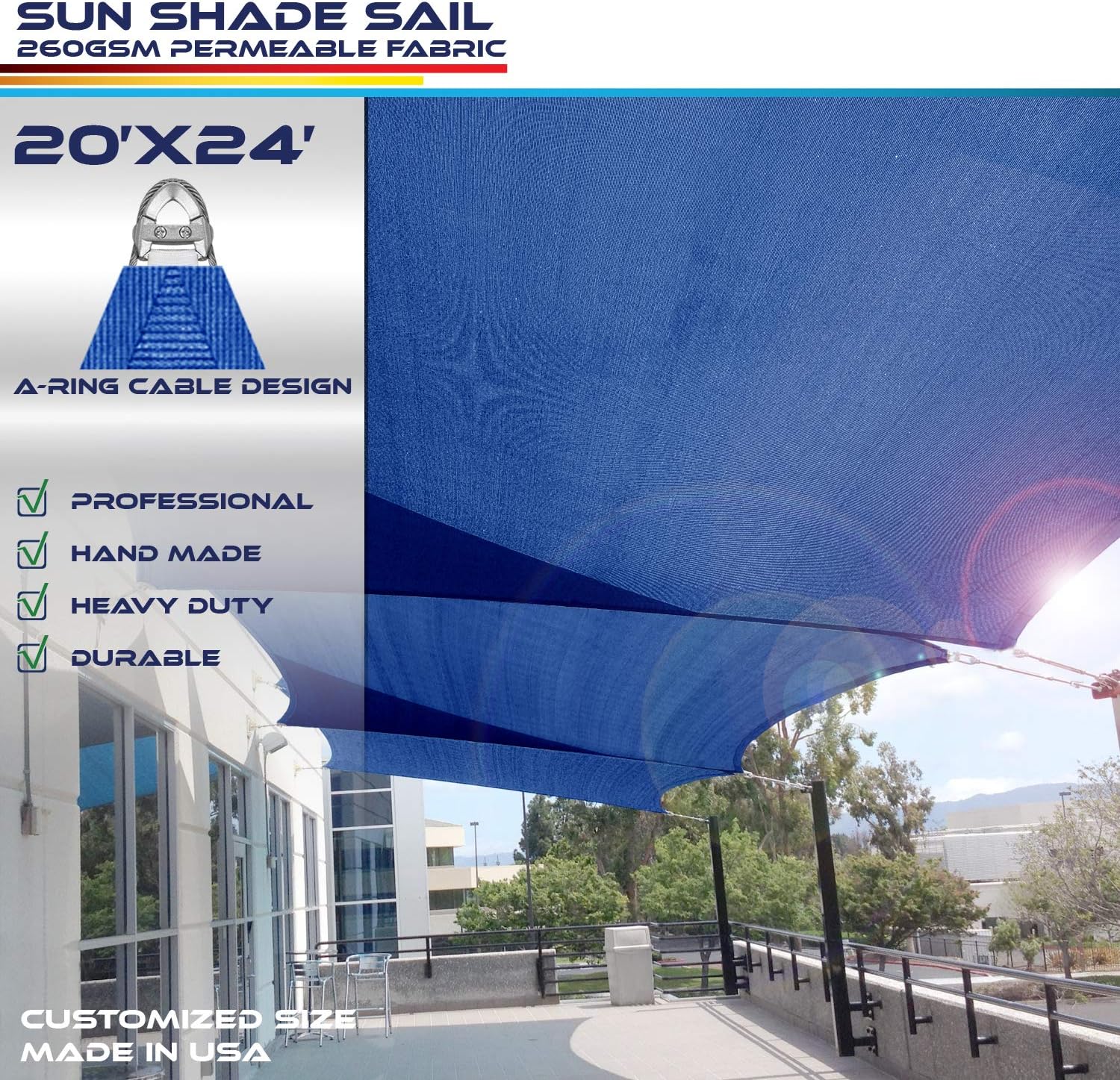 Windscreen4less 20' x 24' Sun Shade Sail with A-Ring Wire Rope Rectangle Outdoor Shade Cover for Deck Backyard Patio Garden (Blue)