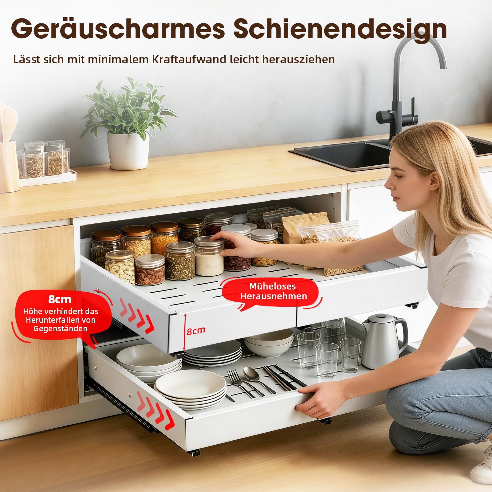 2 Stück 4 Richtungen Teleskopschublade,Metall Schrank-Schubladen-Organizer,erweiterbar ausziehbare schublade küche mit Kleber,Breite 29.5–48cm & Tiefe 41.5–58cm,für Küche Pantry Organisation