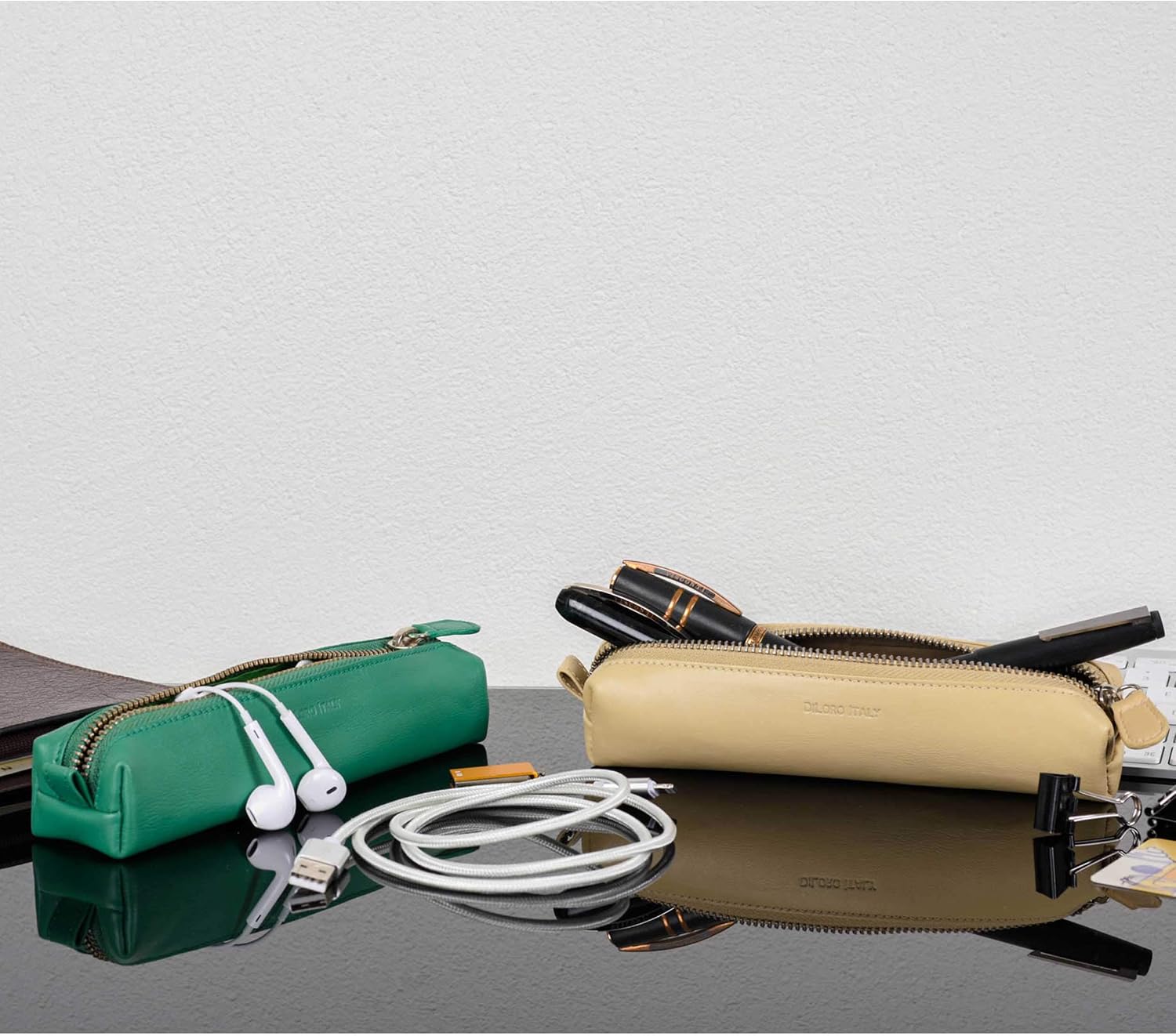 DiLoro Leather Zippered Fountain Ballpoint Rollerball Pens and Pencils Case Holder Pouch Genuine Full Grain Soft Nappa Leather (Beige) image 4