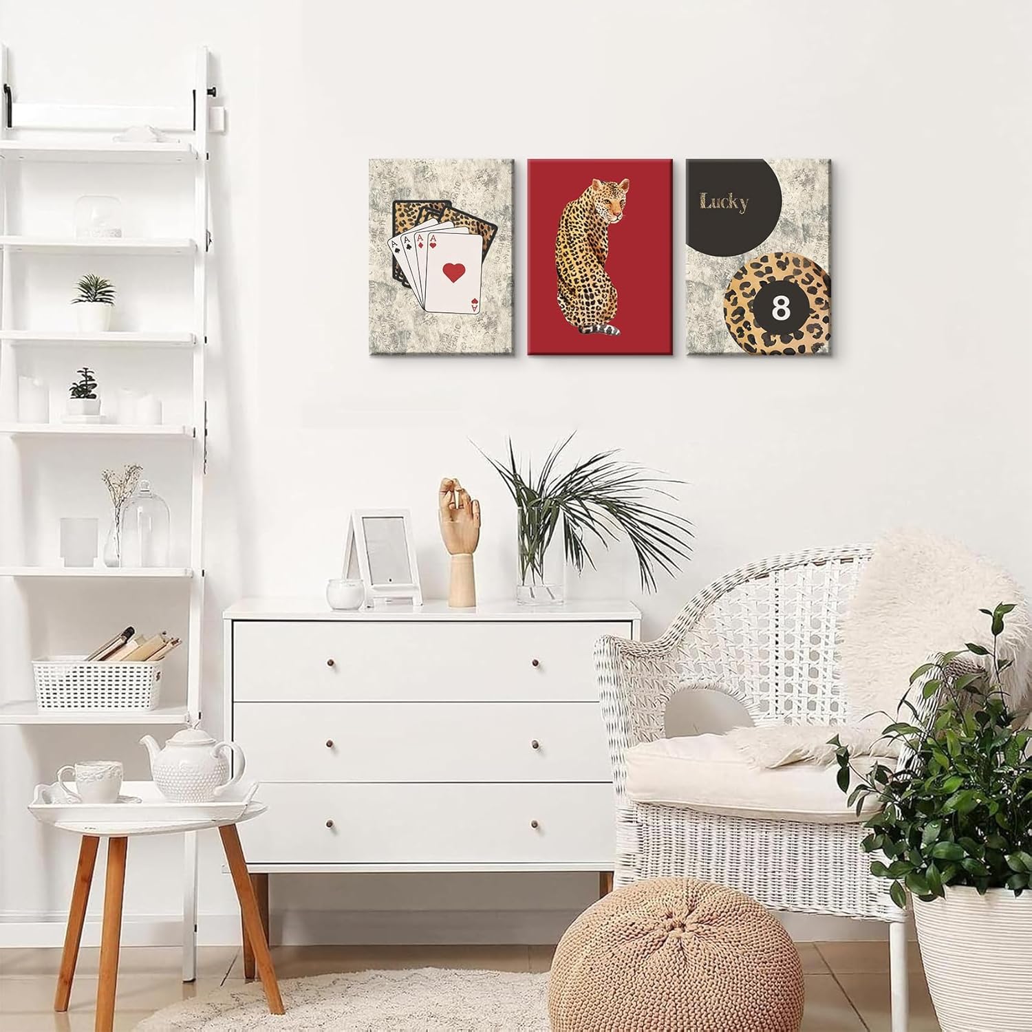 Red Trendy Leopard Wall Art Set,Vintage Cheetah Pictures,Retro Lucky 8 Ball Poster Prints,3 Piece Preppy Aesthetic Wall Decor,for Girly Bedroom Living Room Dorm Apartment 12x16in Canvas