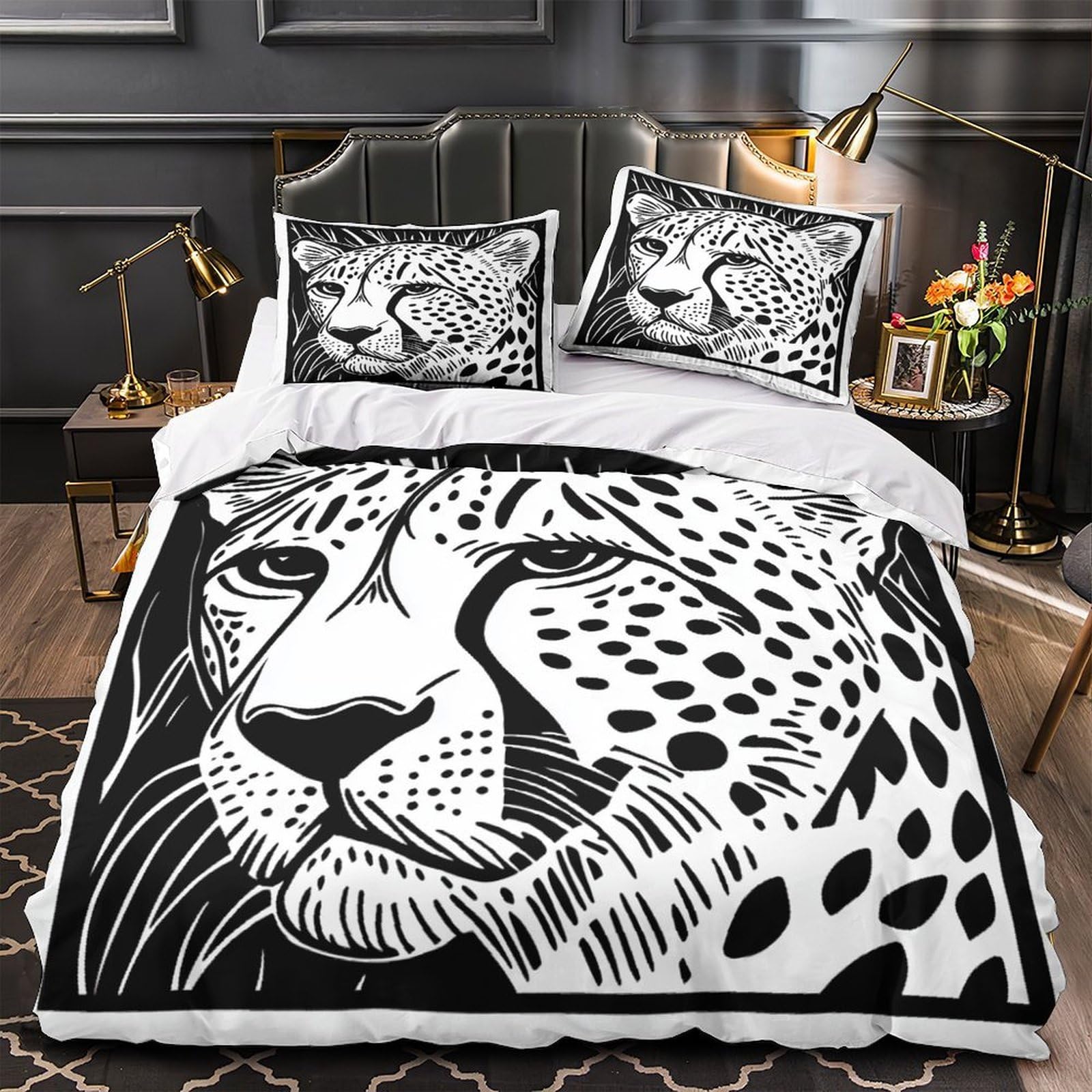 Housse de couette guépard 3D noir et blanc pour décorer une chambre d'enfant ou d'adolescent