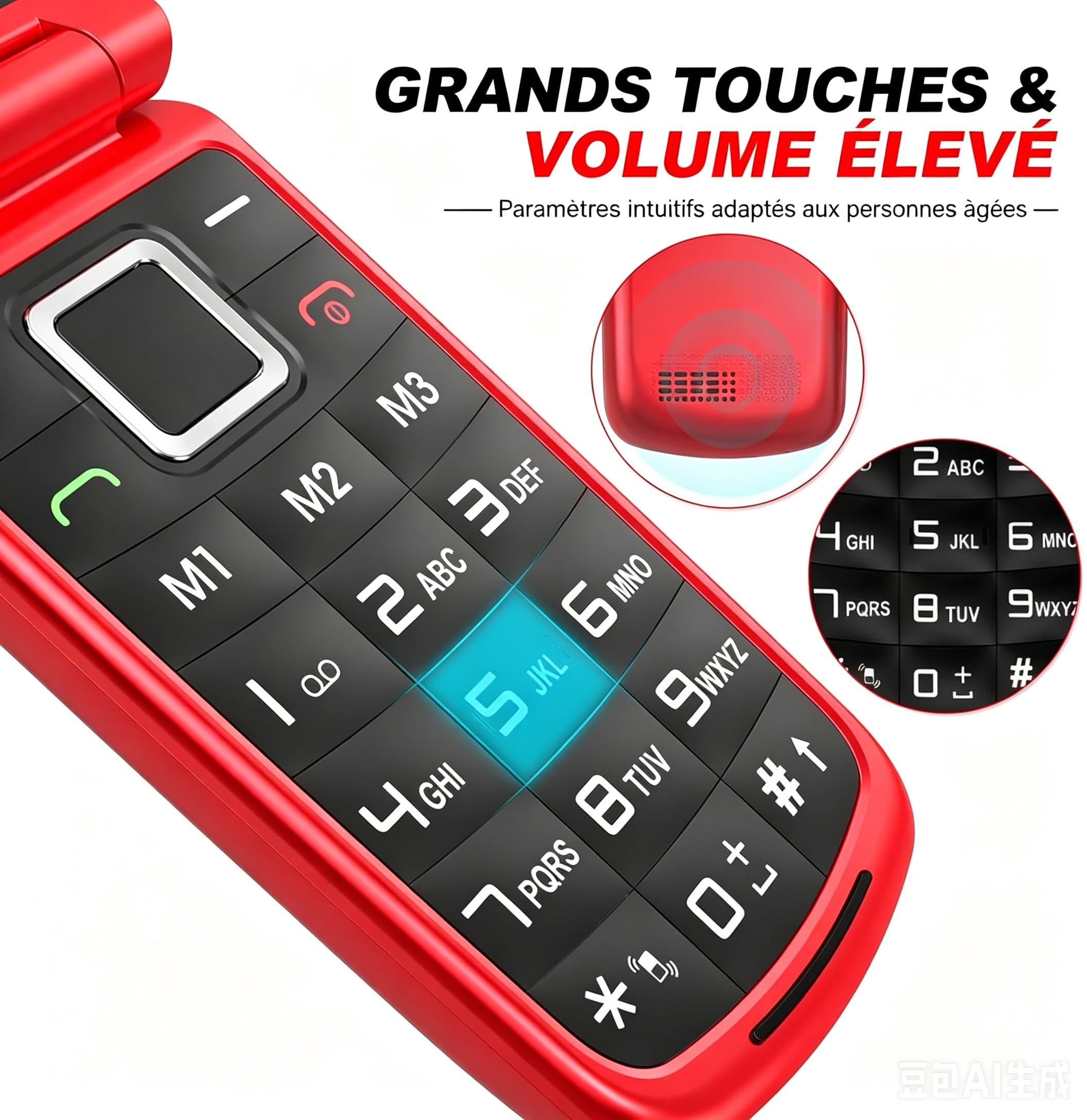 CHAKEYAKE Cellulare per Anziani con Tasti Grandi, Display Doppio 2.4'' + 1.77'', Telefono Senior con Tasto SOS, Volume Alto, Base di Ricarica, Fotocamera, Sbloccato, Rosso