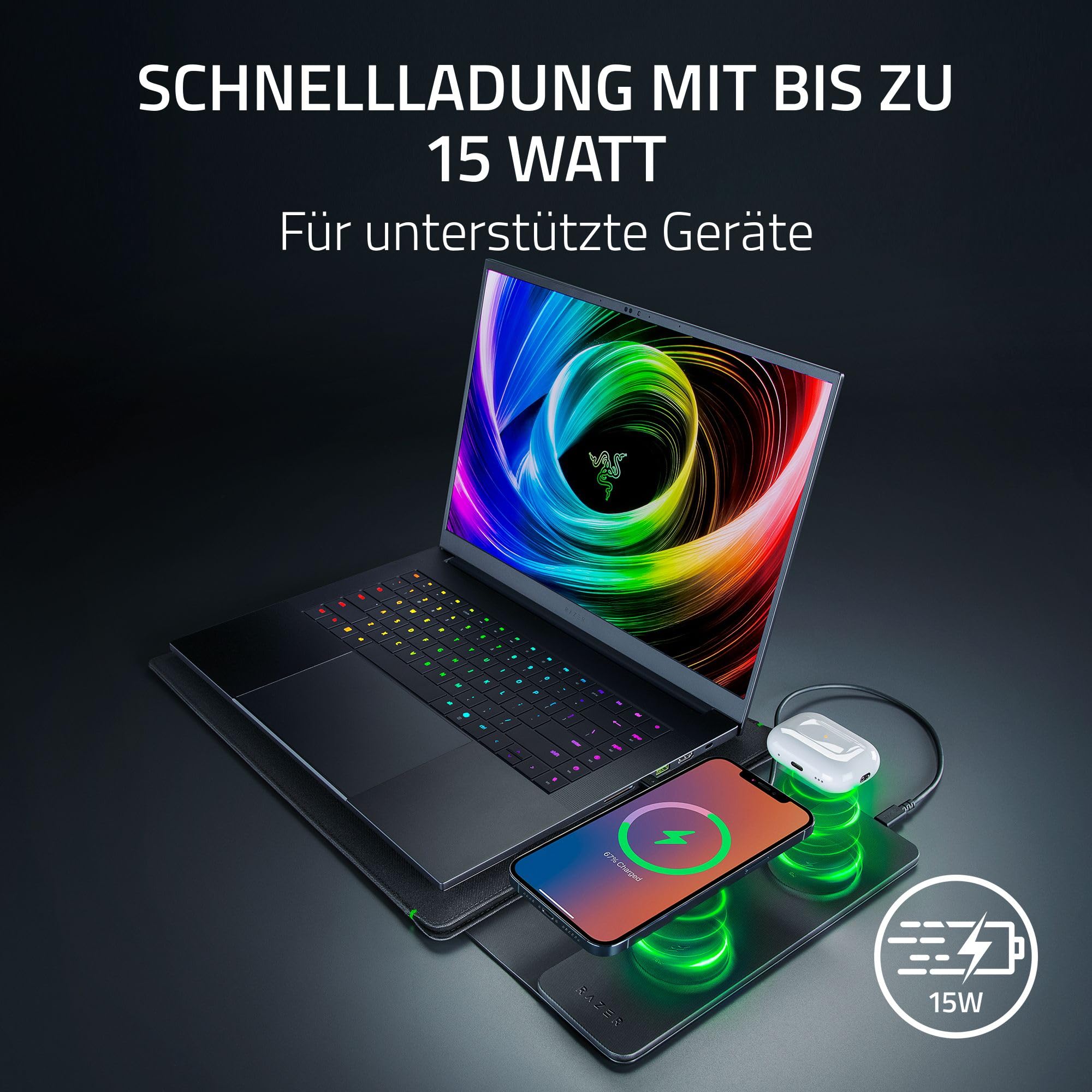 Razer Laptop Sleeve 16" mit kabellosem Laden – Zwei MagSafe-kompatible Bereiche für Smartphone und Earbuds - Schnellladen bis zu 15W - Gepolstertes Innenfutter - Leichtes Polyestergewebe | Schwarz