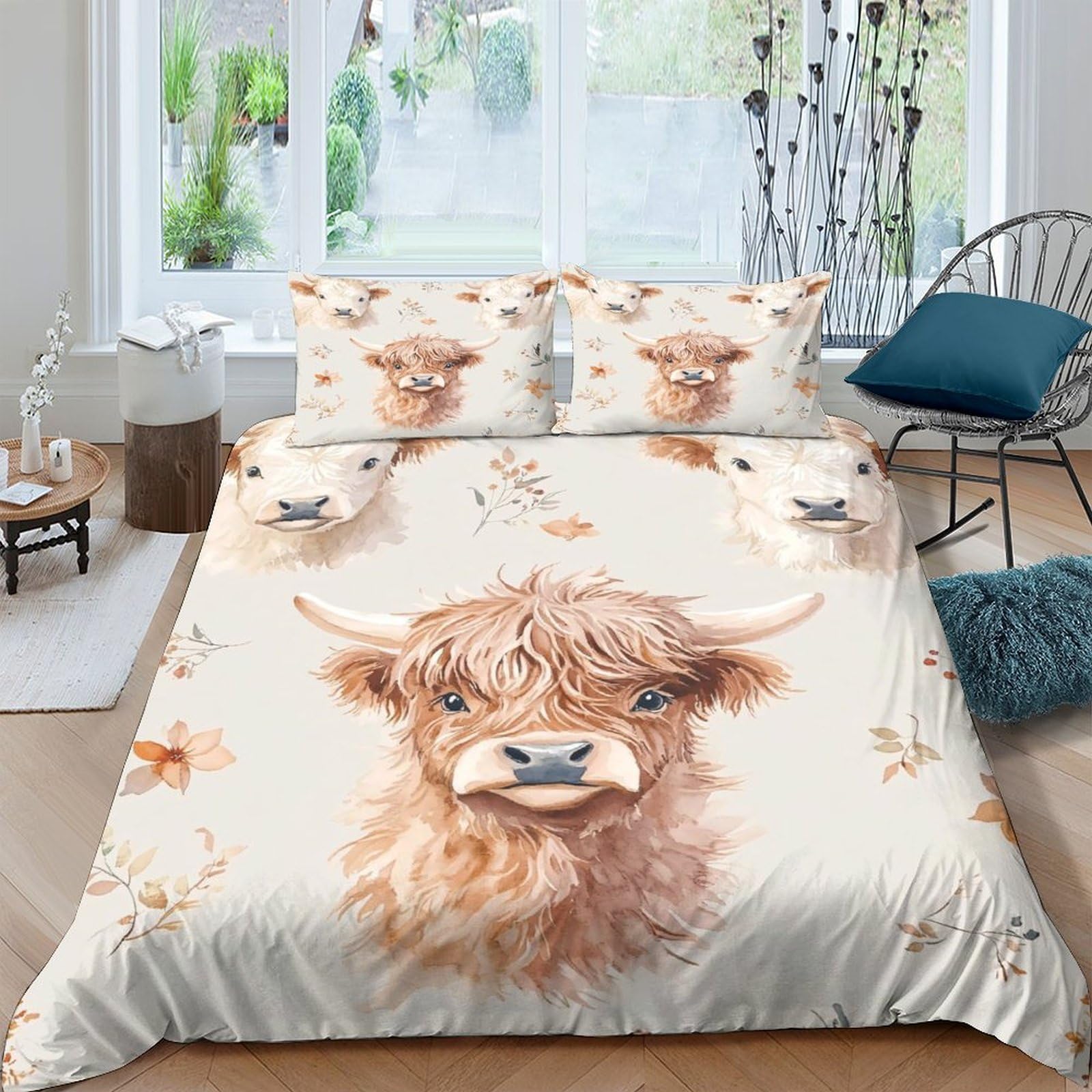 GPLZQXKJNH 3D Printed Highland Cow Duvet Cover Microfiber Soft Breathable Farm Animal Quilt Cover Set with 2 Pillowcases for Bedroom Decor Single（135x200cm）