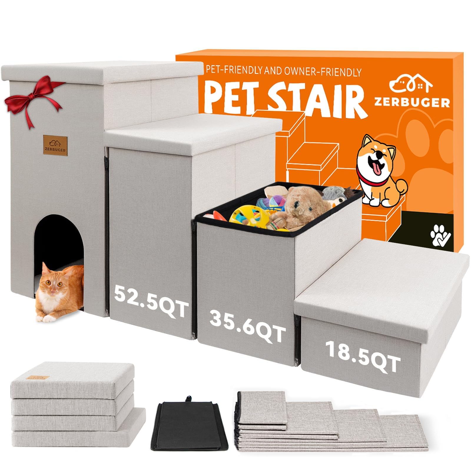 Zerbuger Dog Stairs with Storage, Beige 4 Steps Dog Ramp with Condo for Bed