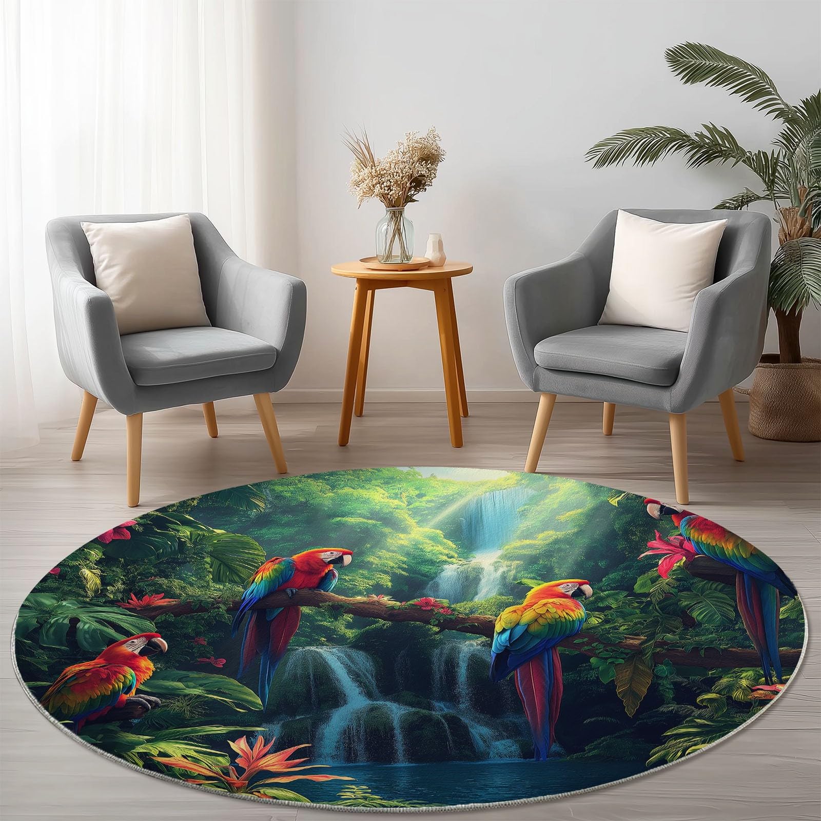 Generisch Teppiche für Wohnzimmer Rund, Natur Dschungel Vögel Drucken Teppich Schlafzimmer Groß Flanell Flauschig Weich rutschfest Fußmatte Waschbar für Kinderzimmer, Durchmesser 120 cm, Grün