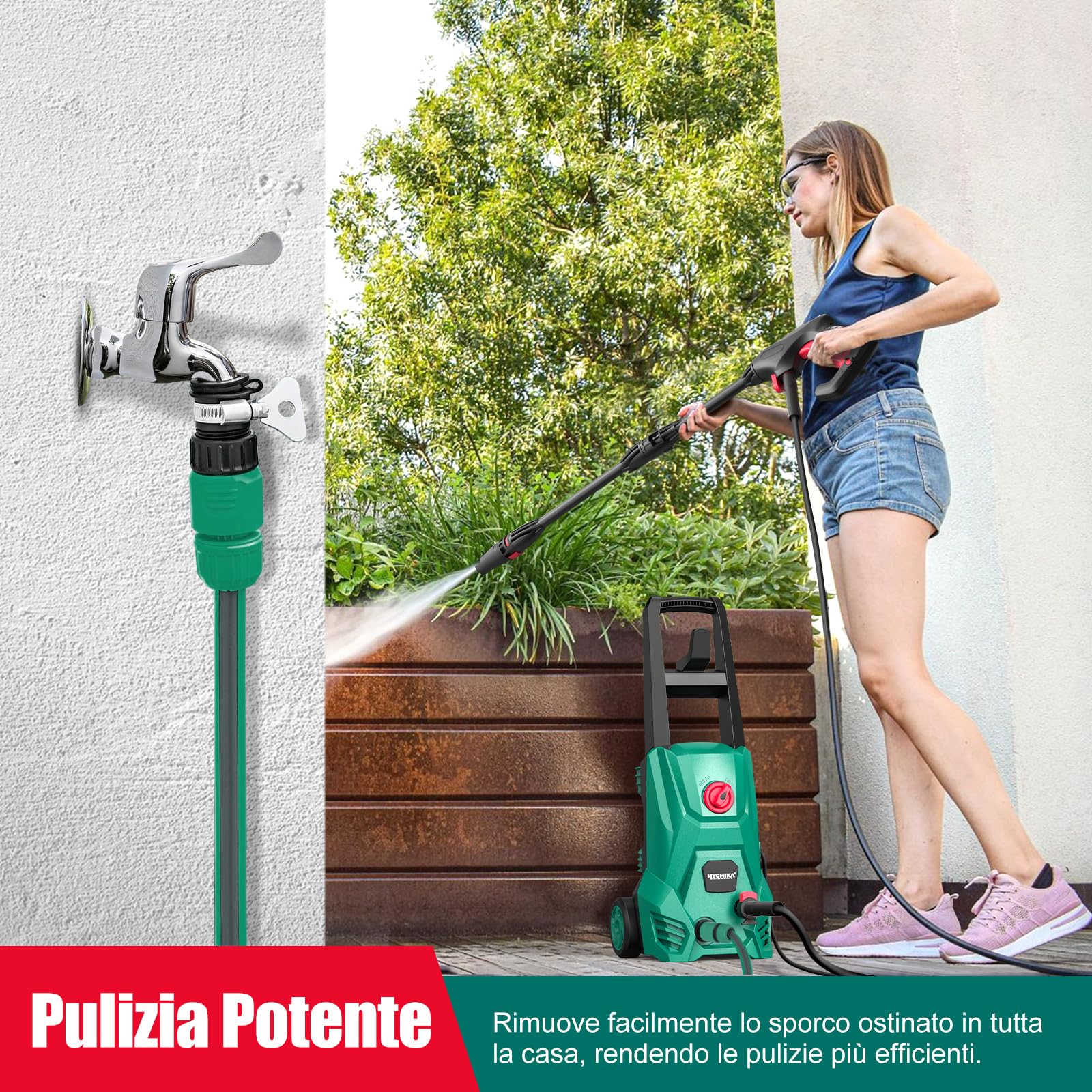 HYCHIKA Idropulitrice, 110 Bar Max Portata 410 l/h 1500W Lavatrice Portatile per con Serbatoio di Schiuma, Tubo Flessibile ad alta Pressione 5m, Cavo 5m, perfetta per Recinzione Auto Cortile