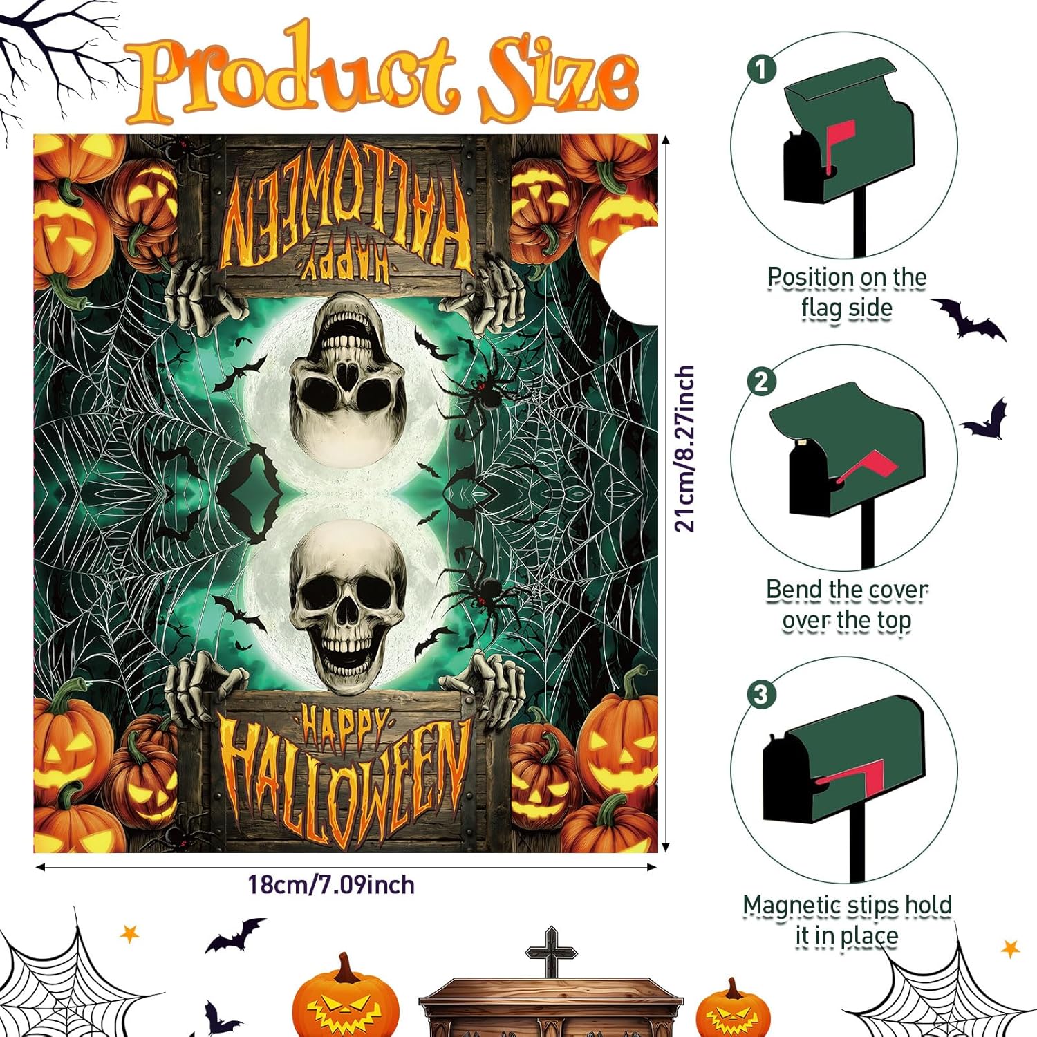 Teenyyou Halloween Mailbox Covers Magnetic Standard Size 21 x18 Fall Pumpkins Mailbox Cover Wraps Witch Ghost Black Cat Letter Post Box Cover for All Saint's Day Decor (Skull)