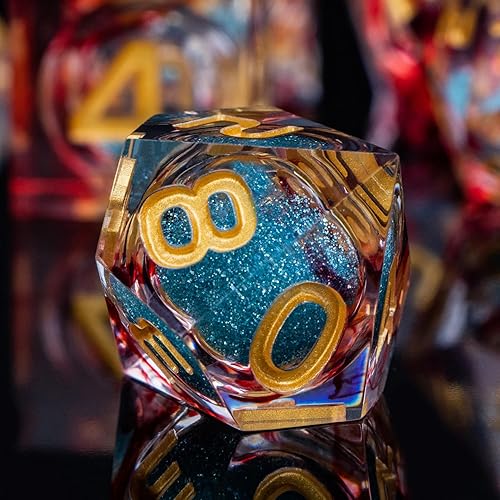 Miniatura 4 de DND - Juego de dados de núcleo líquido con caja, dados de resina de borde afilado rojo, juego de dados poliédricos D y D hechos a mano transparentes
