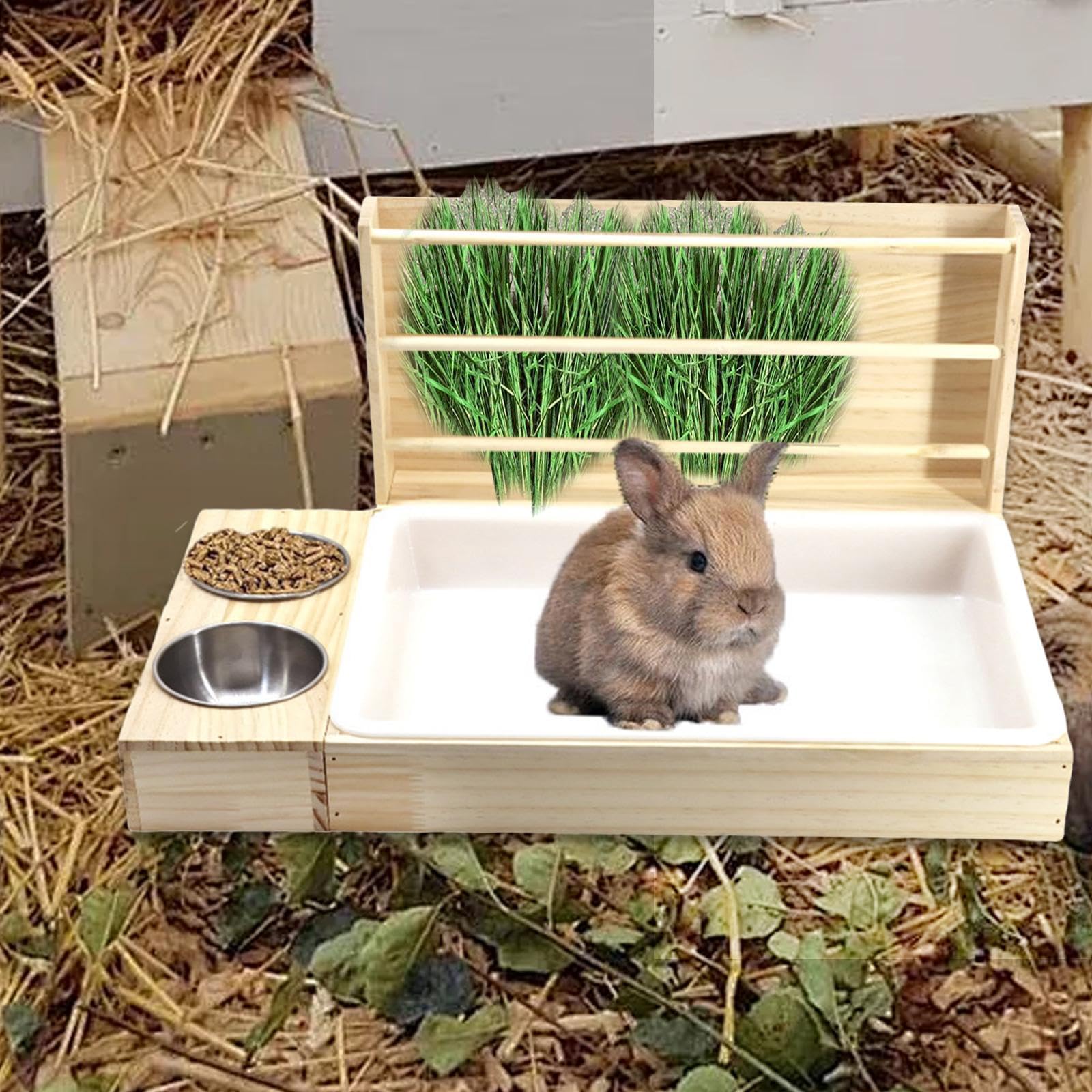 Stazione di Alimentazione del Fieno per Conigli, Giocattoli di Arricchimento, Parco Giochi, Lettiera per Gatti con Toilette, Porta Fieno per Piccoli a