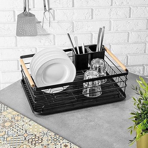 Miniatura 6 de Rerii Escurridor de platos para encimera de cocina, bandeja escurridor de platos con escurridor para fregadero de cocina, escurridor de platos con