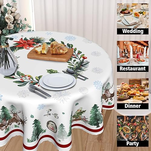 Miniatura 10 de Sweetshow Mantel redondo de invierno de Navidad de 60 pulgadas, mantel de copo de nieve, mantel de muñeco de nieve, decoración de árboles de