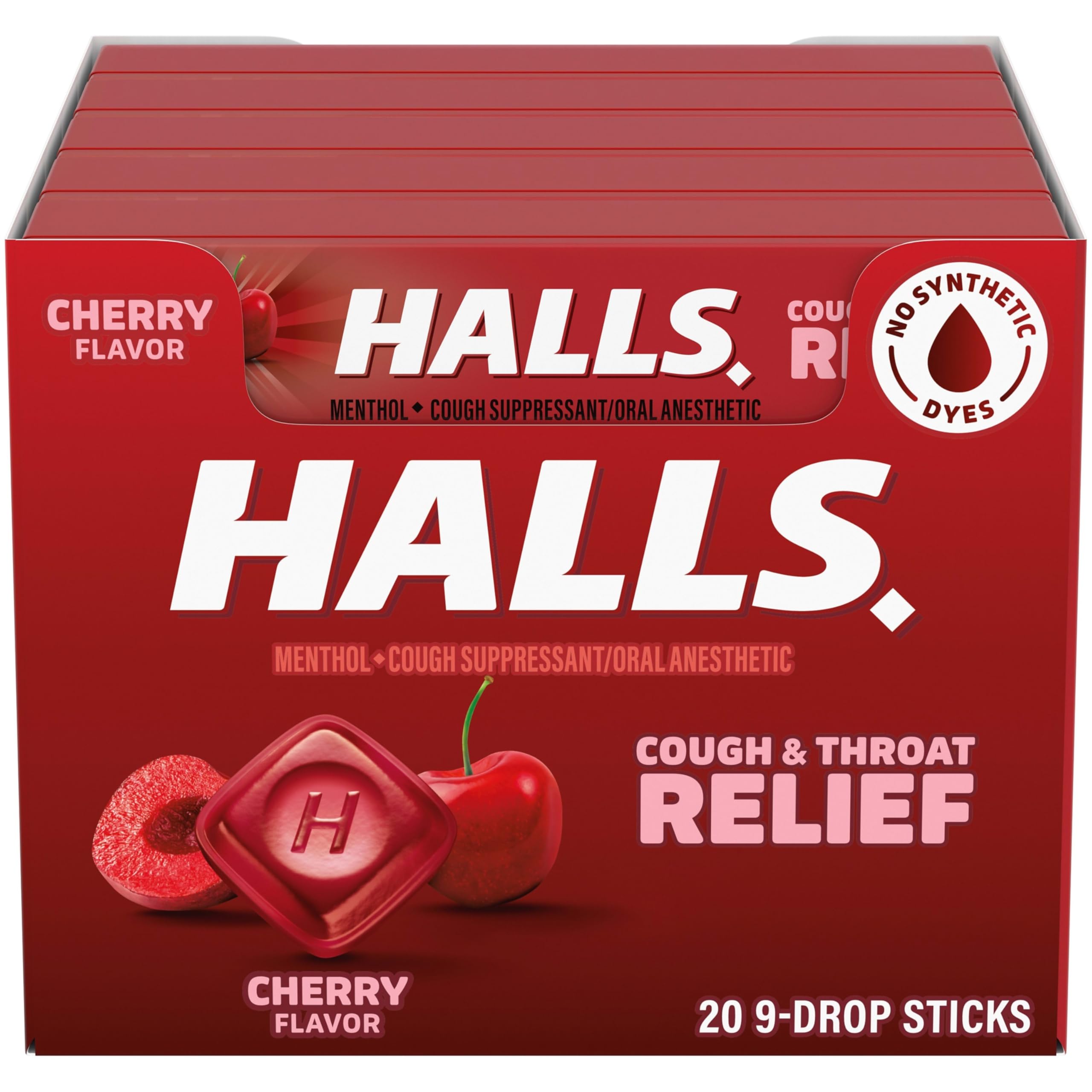 Relief Cherry Cough Drops, 20 Sticks of 9 Drops (180 Total Drops)