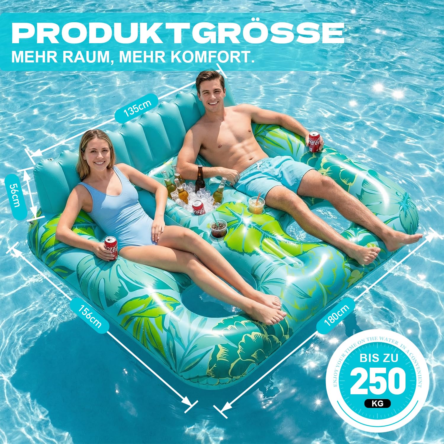 SOLAVERO Luftmatratze Pool Erwachsene 180x156cm, Groß Luftmatratze Wasser für 2 Personen mit Rückenlehne & Fußstütze, Aufblasbare Poolliege Badeinsel XL mit Getränkehaltern, Pool-Flöße für Wasserparty
