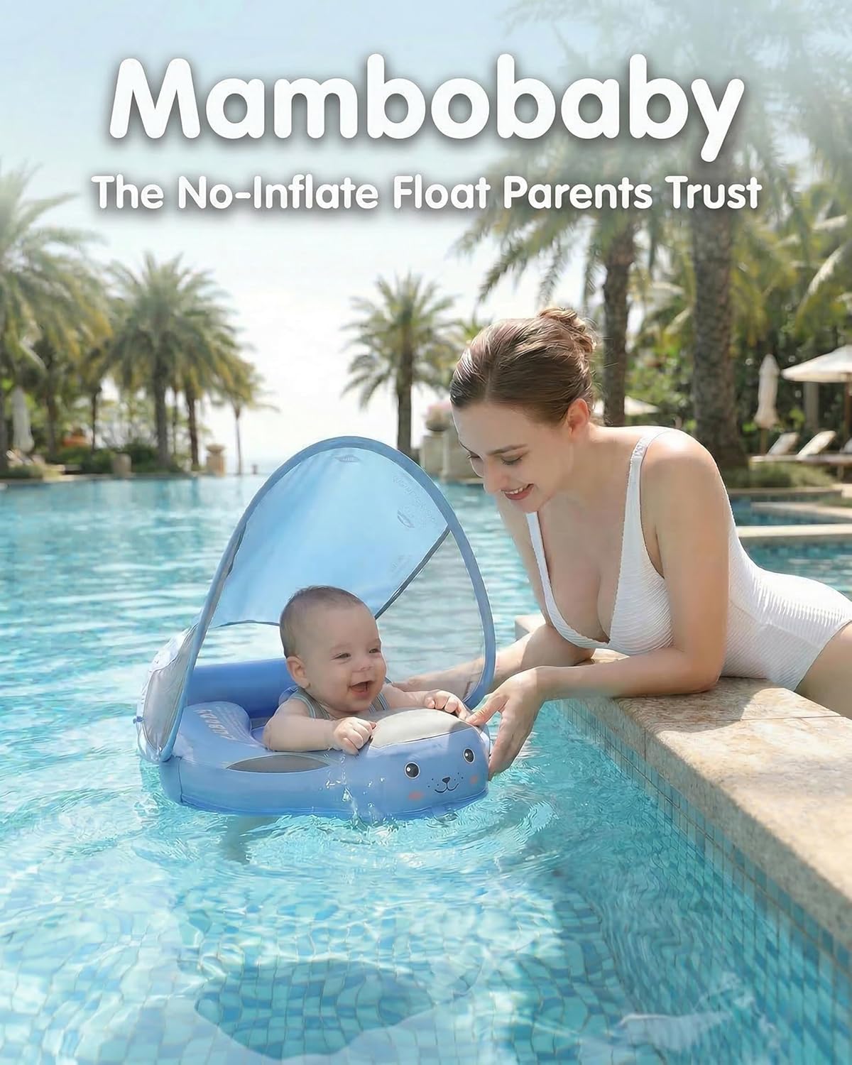 Mambobaby Swimming Float,Baby Swim Float with Canopy,Upgrade Non-Inflatable Solid Baby Float,UPF 50+ Removable Sun Canopy,Soft Skin-Friendly Fabric Material for Toddler Boys Girls 3-24 Months