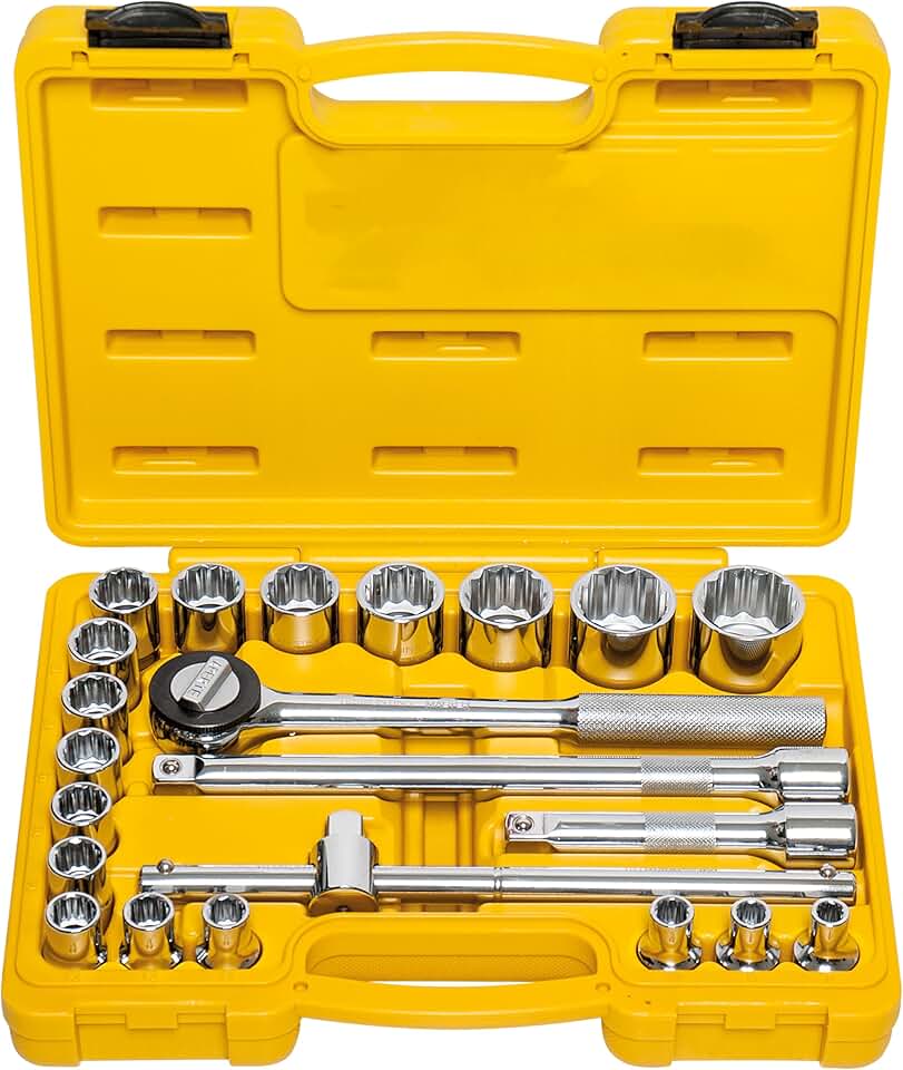 Tramontina Maleta Soquetes Estriados e Acessórios Encaixe 1/2, 22 Peças, Amarelo
