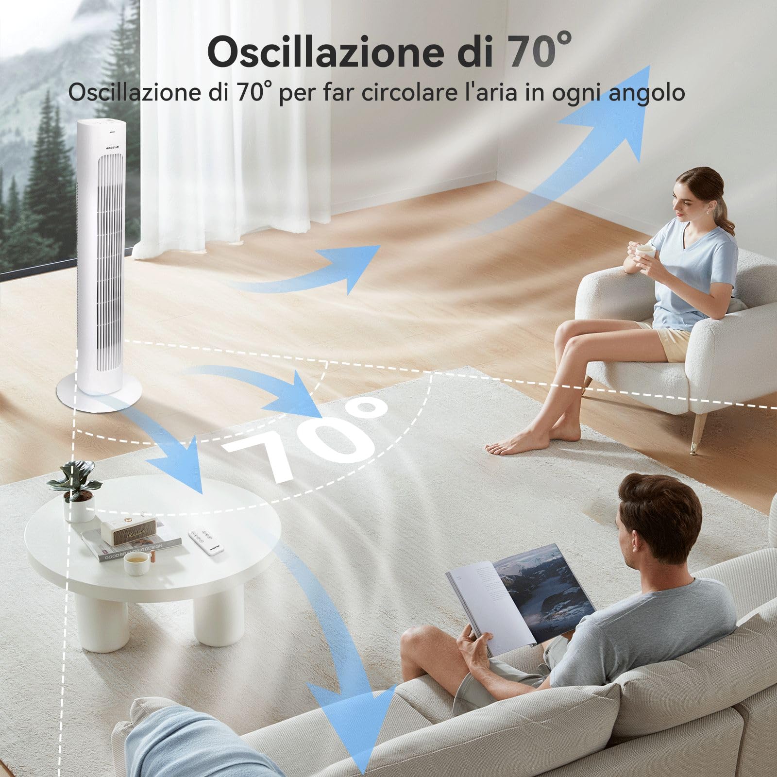 Aigostar Robert - Ventilatore a Torre con Telecomando e 3 Velocità e 3 Modalità di Vento, Ventilatore Senza Pale, Timer, 50W, Oscillazione a 70°, Display LED, Adatto per Casa e Ufficio, Bianco