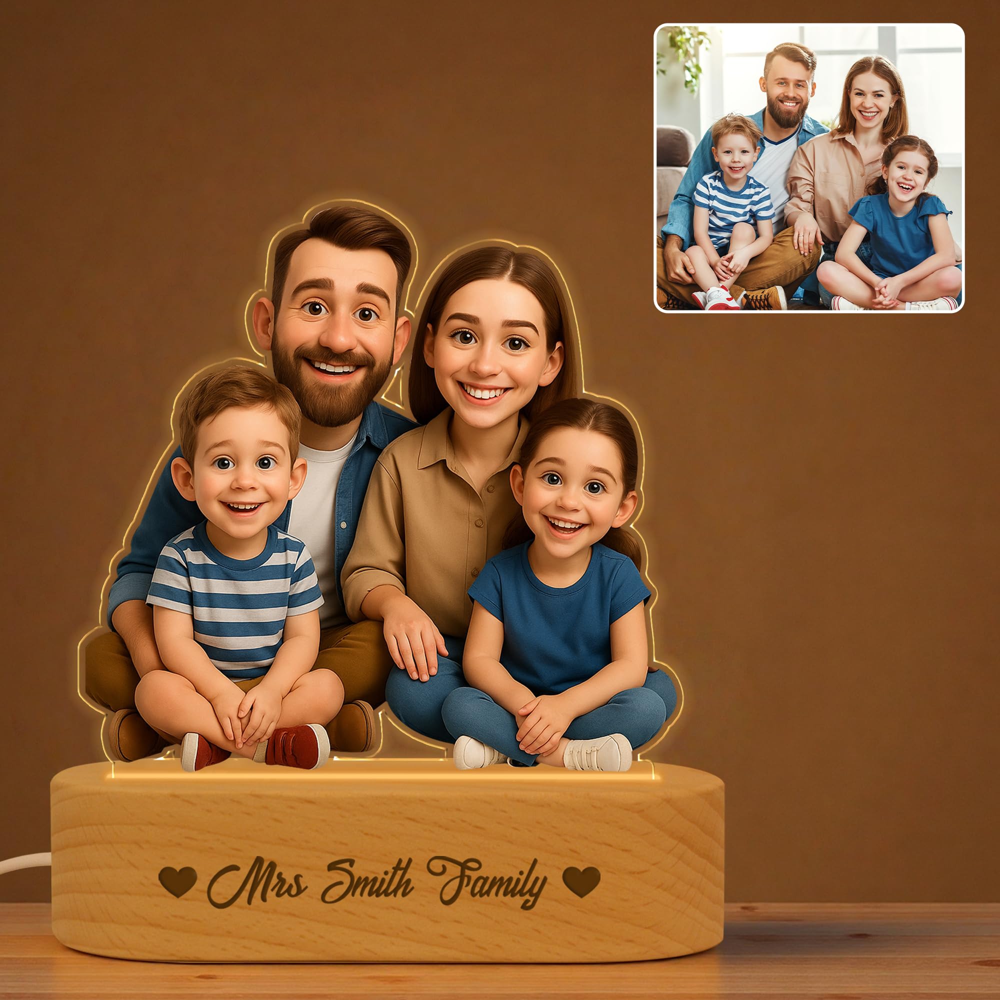 PSUNEY Personalized Photo Cartoon Portrait Desk Decor, Custom Acrylic Plaque with Night Light, Unique Birthday Gift for Xmas Anniversary Birthday Family Couple Friend Girlfriend Boyfriend