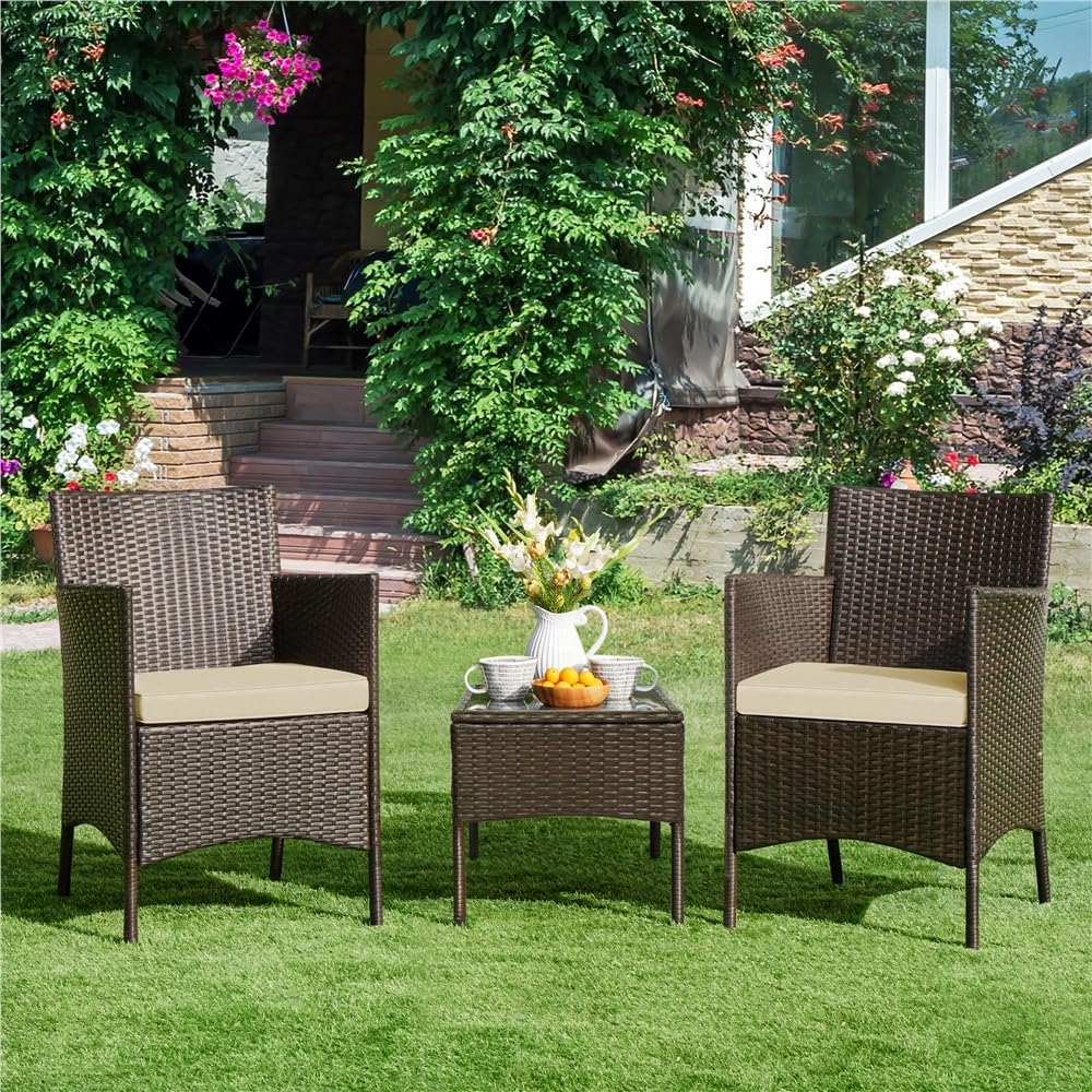 Yaheetech Set Mobili da Giardino 2 Poltrone e 1 Tavolino in Rattan PE Impermeabile Marrone