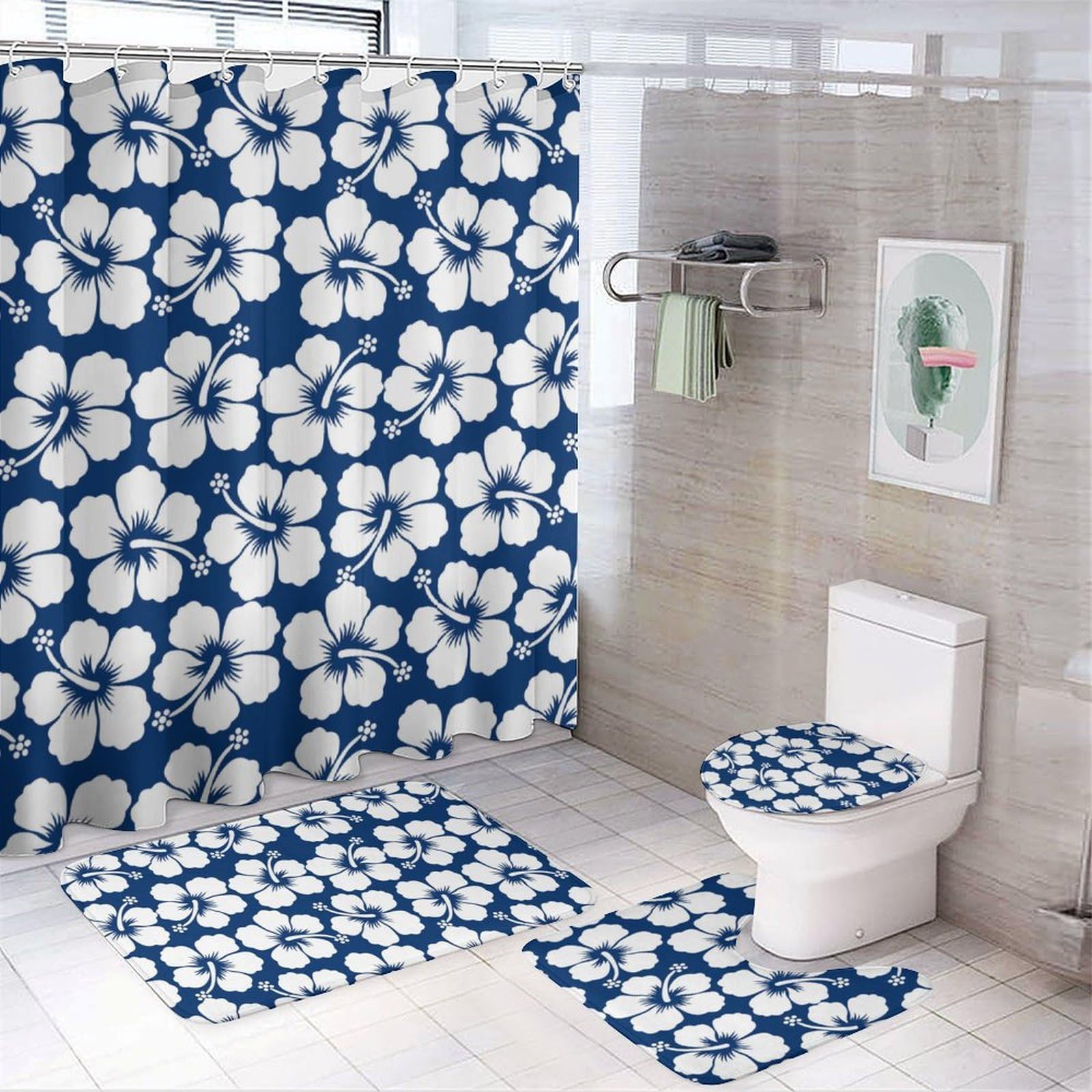 JZemdybill Bathroom Mat Set 4 Piece, Flower Hawaiian Style Shower Curtain with Non-Slip Bath Mats for Bathroom