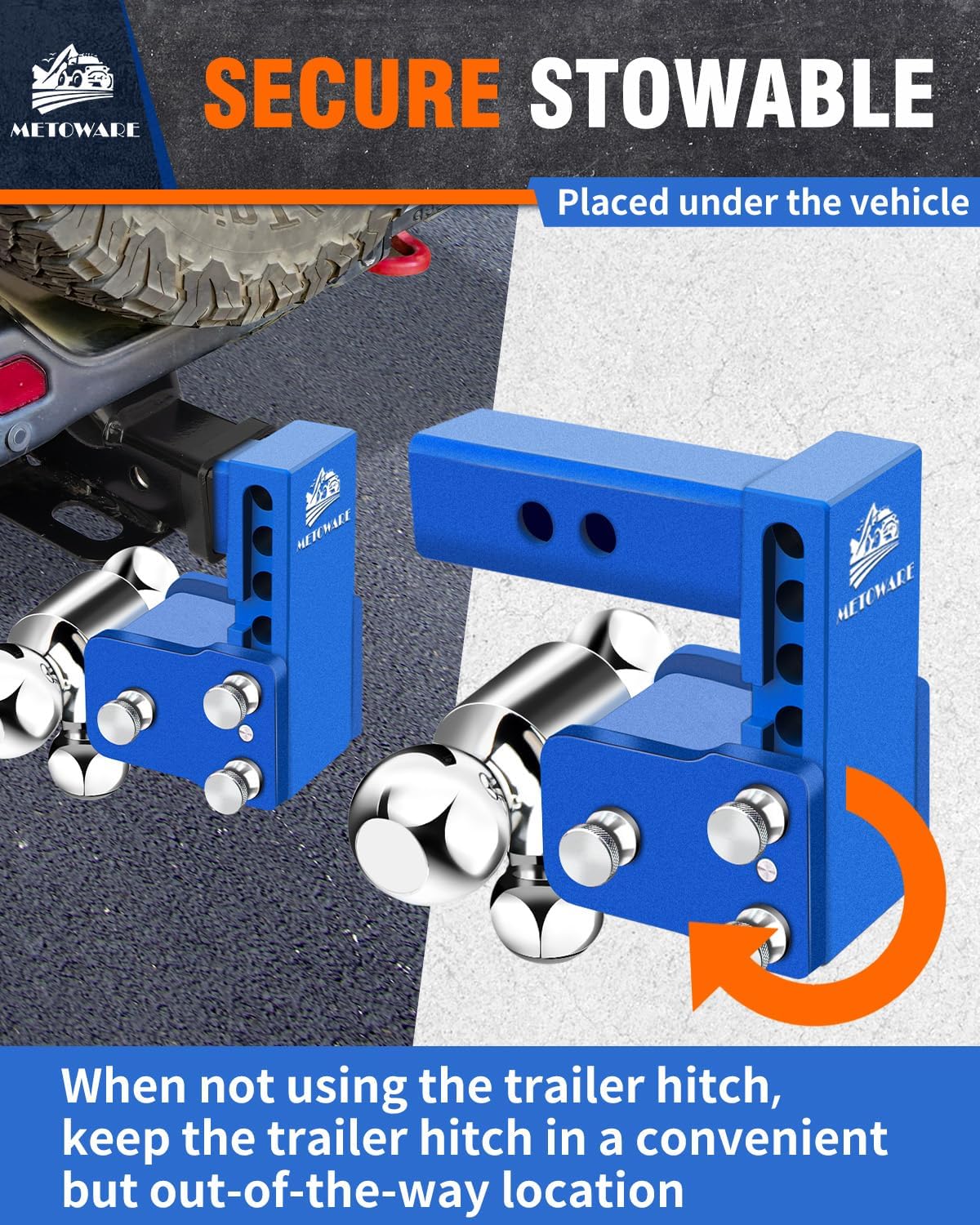 METOWARE Adjustable Trailer Hitch for 2" Receiver - 14,000 LBS GTW Heavy Duty Drop Hitch, 4" Drop/Rise, Tri-Ball (1-7/8" 2" 2-5/16") STOWABLE & Secure Design with Anti-Theft Hitch Lock, Blue