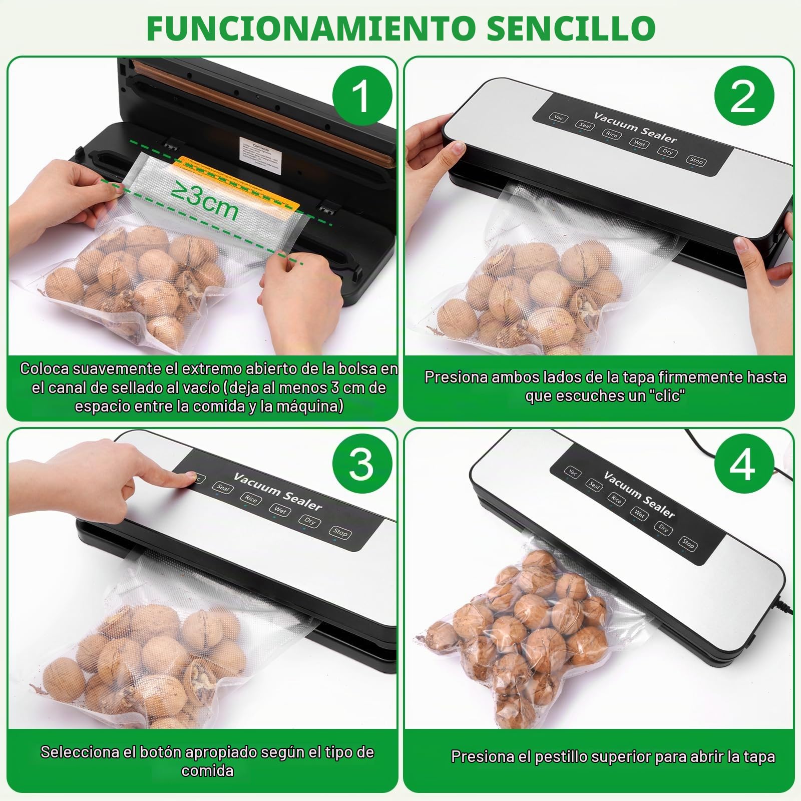 Envasadora al Vacío Doméstica, Embasadoras Vacio Alimentos Multifuncional, Maquina al Vacio de Alimentos Compacta, Vacuum Sealer Con 10 bolsas para envasar al vacío