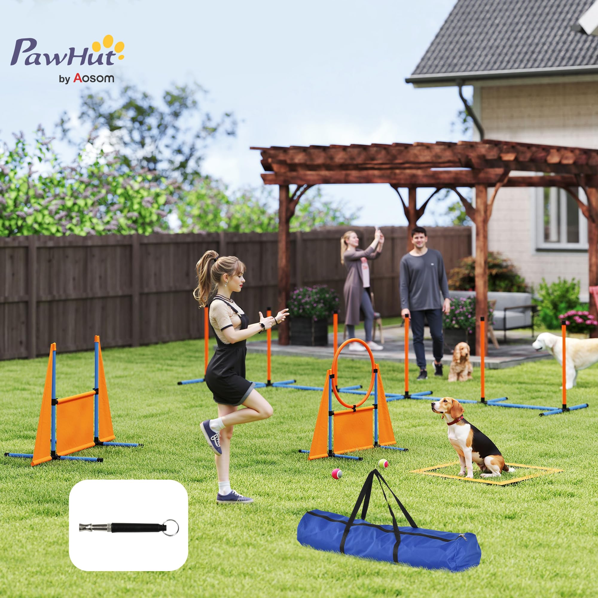 PawHut Set de Entrenamiento de Agilidad para Perros de 6 Piezas, Juego de Agilidad para Perros con Piquetes para Slalom, Valla, Zona de Reposo, Pelotas, Anillo de Salto, Naranja