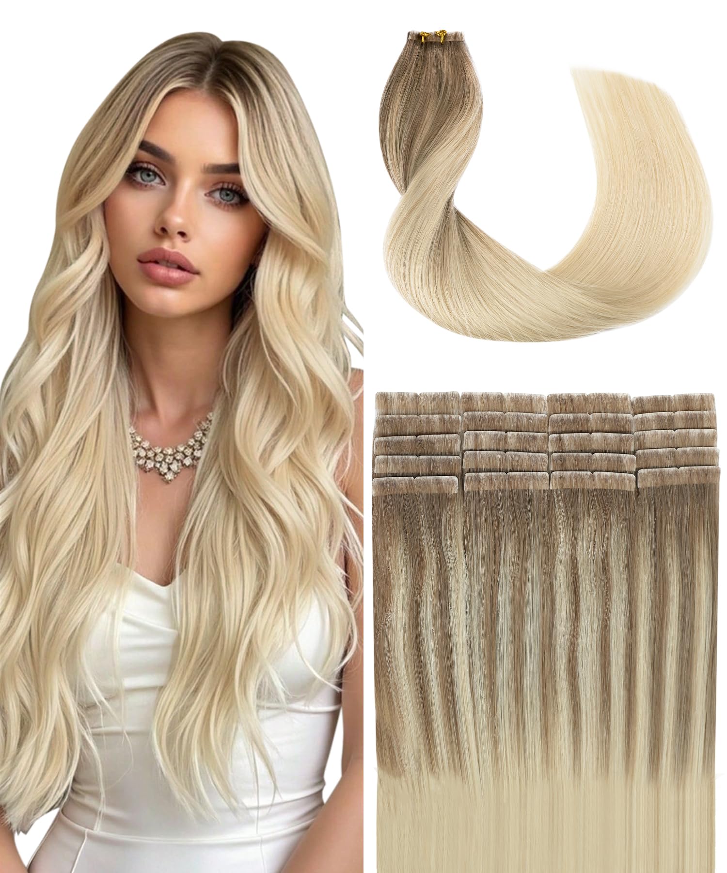SURNEL Injected Tape in Hair Extensions 18Inch Light Brown Fading to Platinum Blonde Natural Real Hair Extension Upgraded Seamless Remy Invisible Skin Weft Straight 20 Pcs 40g(#860-18)