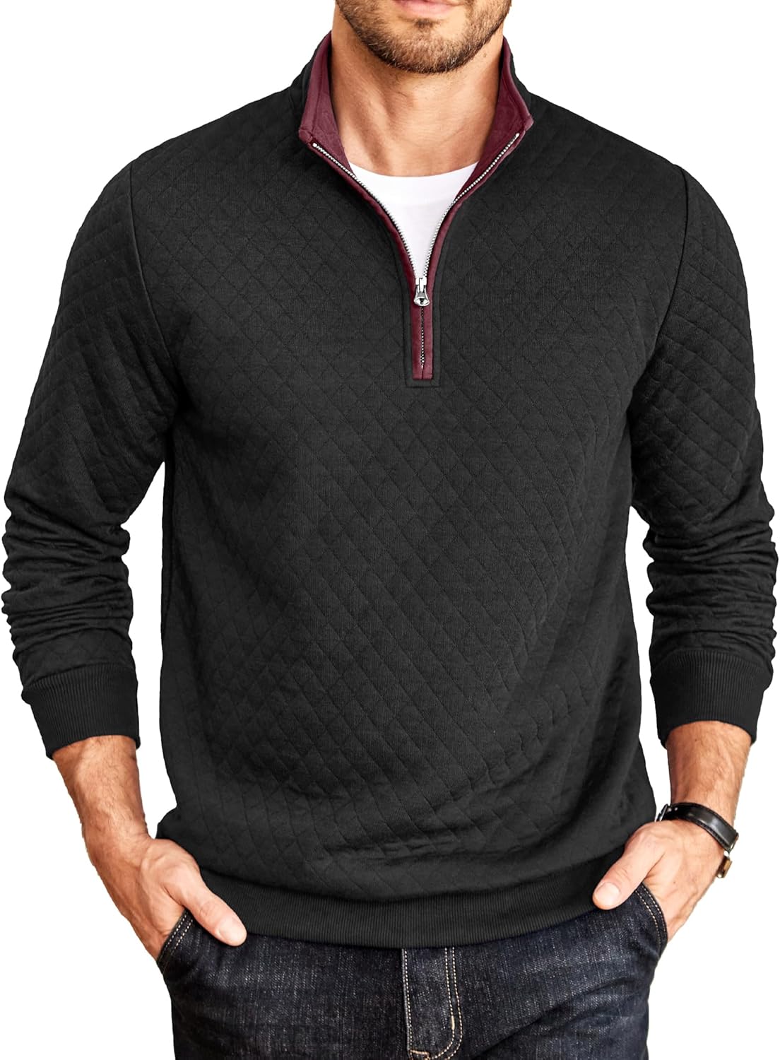 COOFANDY Mens Quarter Zip Pullover Mock Neck Quilted Sweatshirt Casual Long Sleeve Polo Sweater