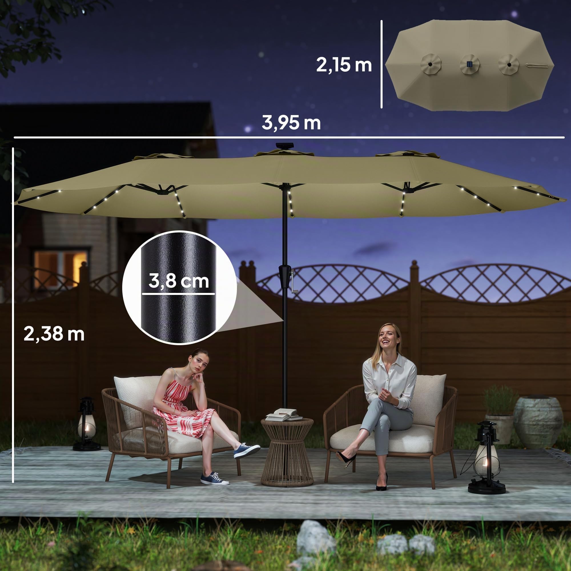 Outsunny Parasol de Jardin Double 36 LED Solaires 395x215cm UPF 50+ Beige