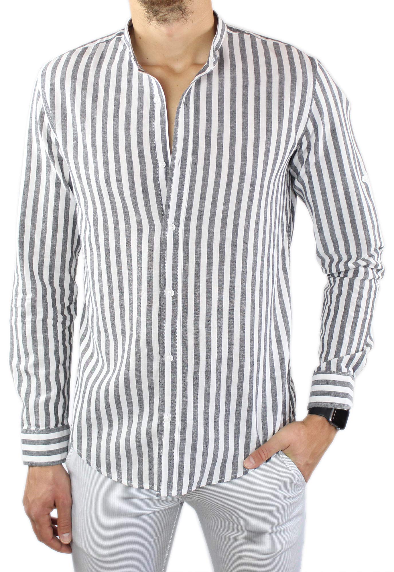 Camisa de lino para hombre Coreana a rayas negras de 100% lino Slim Fit elegante de manga larga a rayas