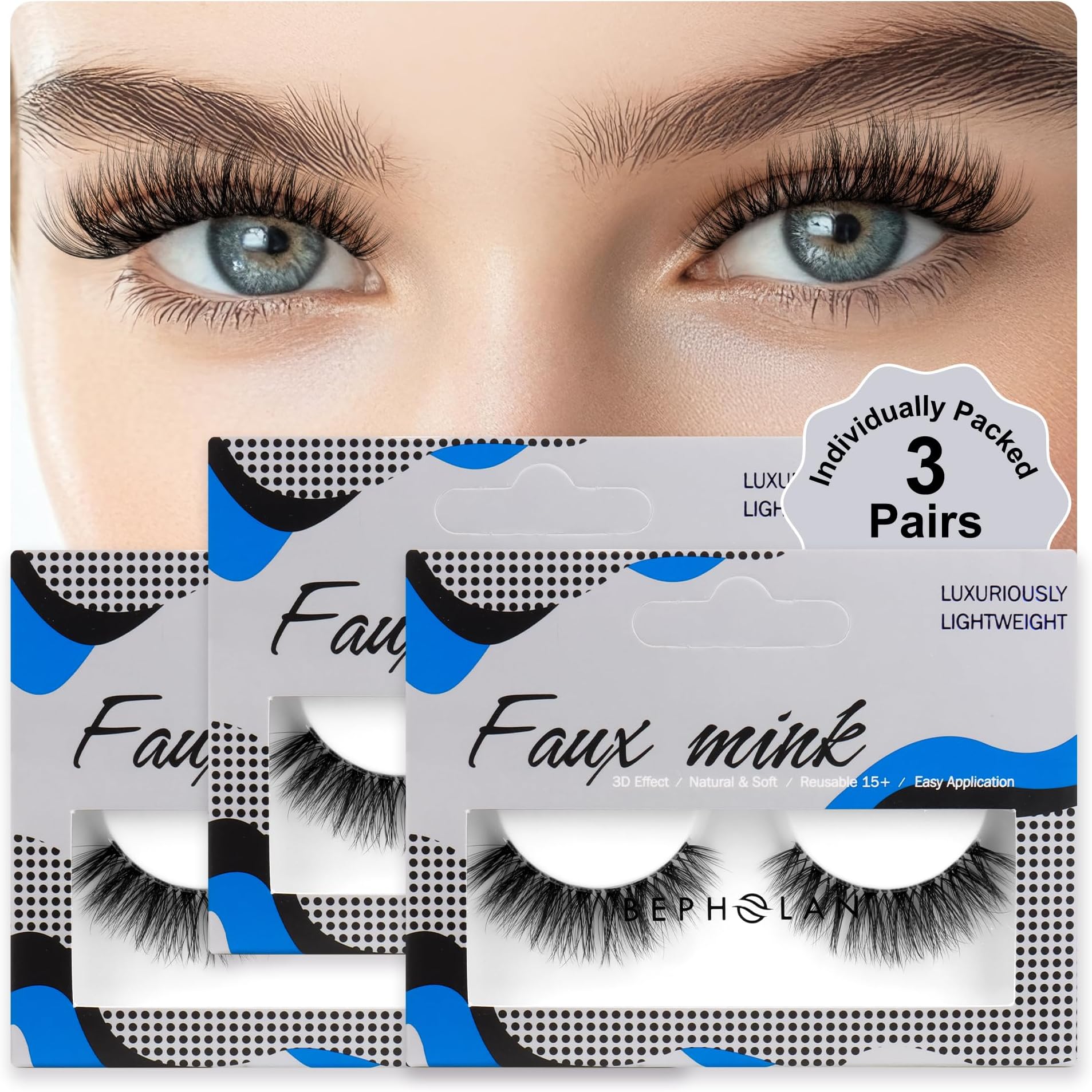 BEPHOLAN 3 Pairs False Eyelashes Synthetic Fiber Material| 3D Mink Lashes| Cat Eyes Look| Reusable| 100% Handmade & Cruelty-Free| XMZ91