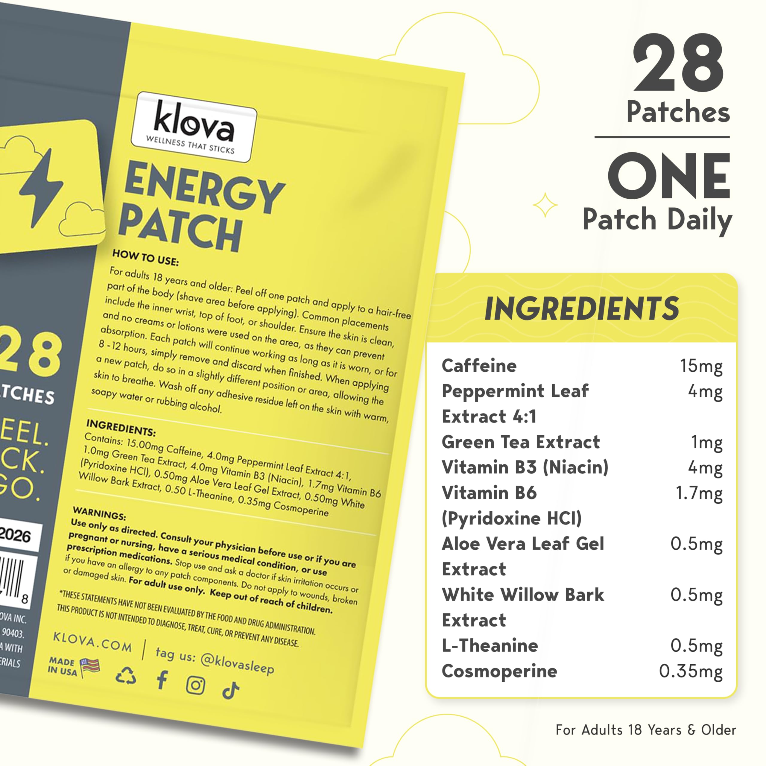 Klova Parches energéticos con cafeína, extracto de té verde, extracto de hoja de menta, vitamina B3 y vitamina B6, para mejorar la vigilia matutina