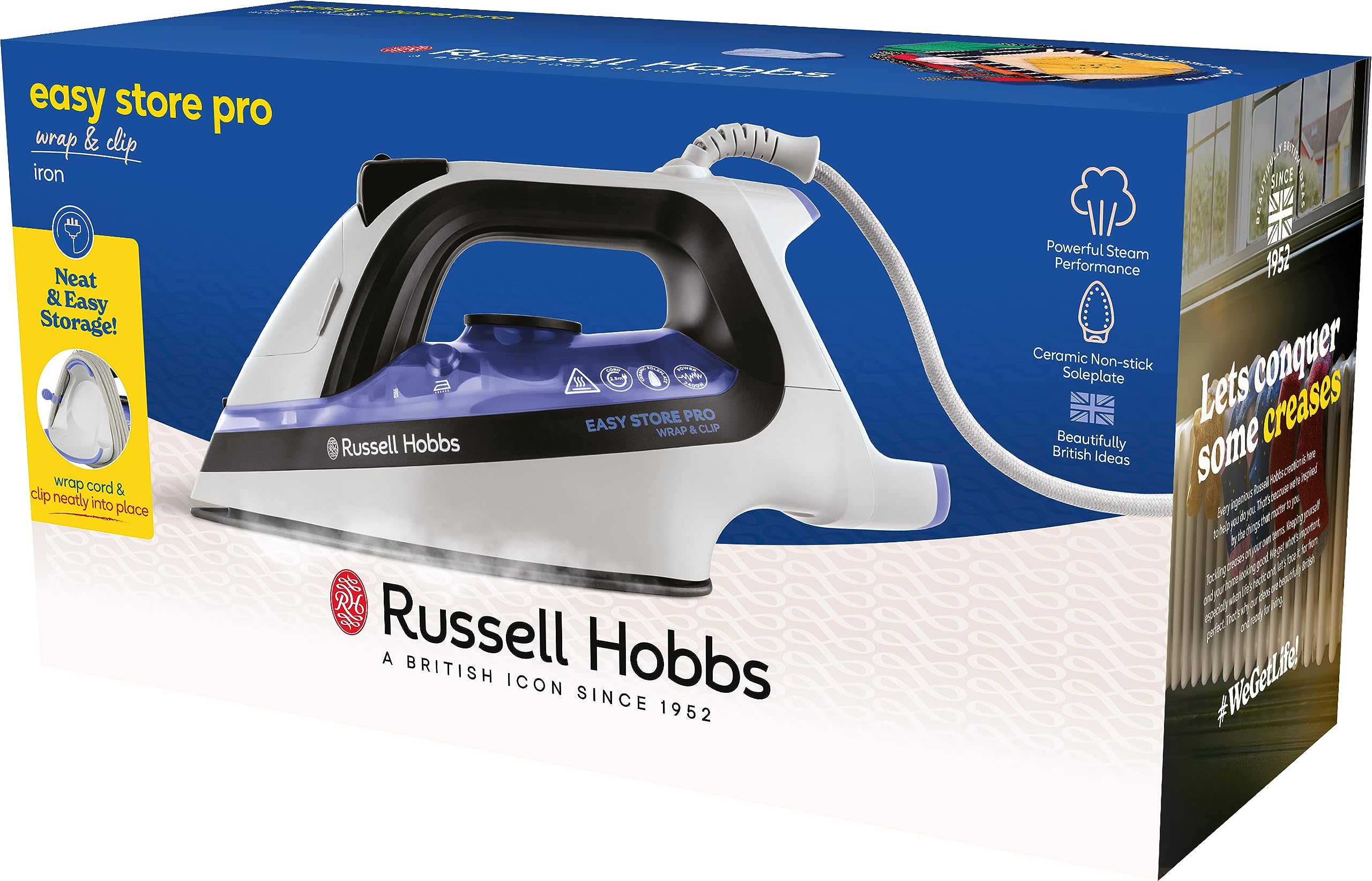 Russell Hobbs Ferro da Stiro a Vapore - Avvolgicavo salvaspazio - 2400 W, Colpo Vapore Extra 180 g, Serbatoio dell'acqua da 320 ml, Piastra in Ceramica, Funzione Autopulente, Wrap&Clip 26730-56