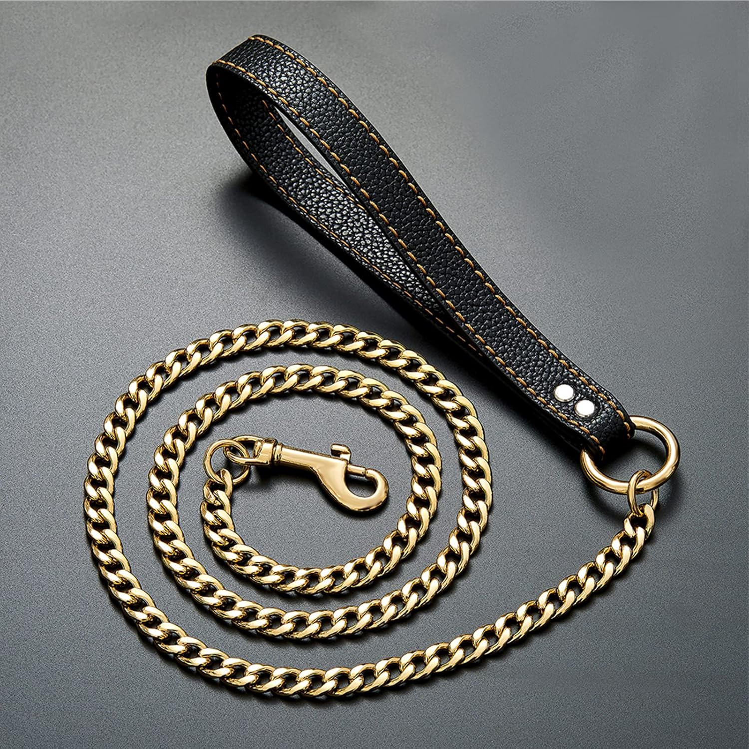 Gold Chain Dog Leash,12MM Strong Stainless Steel Cuban Link Chain,18K Gold Plated Metal Dog Leash with Genuine Leather Handle for Small,Medium & Large Dogs