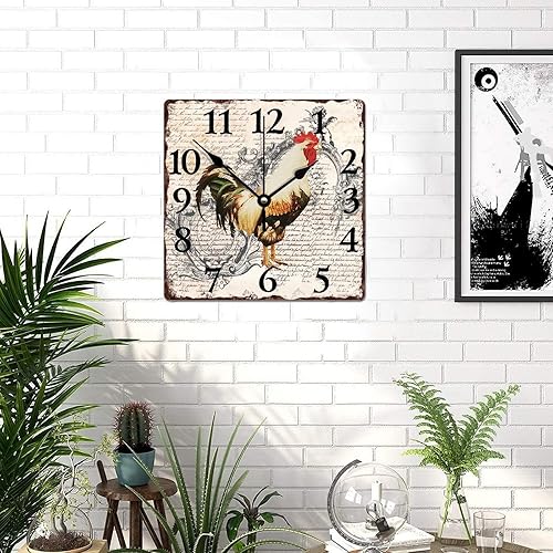 Miniatura 8 de Reloj de pared de madera de 10 pulgadas sin tictac, silencioso, oxidado, de granja, gallo y pollo, cuadrado, reloj de pared clásico de estilo