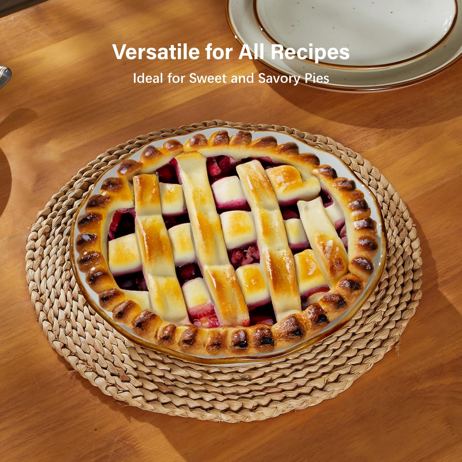 ONEMORE Moule à tarte en céramique de 22,9 cm de profondeur - Passe au four - Pour tartes au poulet, quiches et tartes, blanc rustique pour des croûtes parfaites - Grand plat de cuisson avec bord