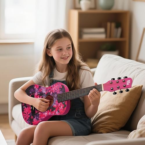 Miniatura 5 de Guitarra acústica de cuerdas de metal con estampado floral de 30 pulgadas, regalo para niñas, juguetes musicales para niños, instrumento musical