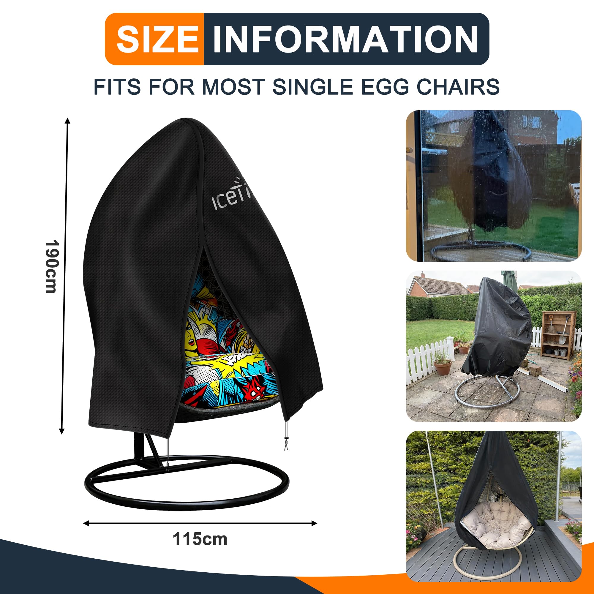 Upgraded Egg Chair Cover - Waterproof, Windproof, Heavy Duty Large Patio Hanging Swing Seat Cover With Zipper, 190x115cm, Black — view 2
