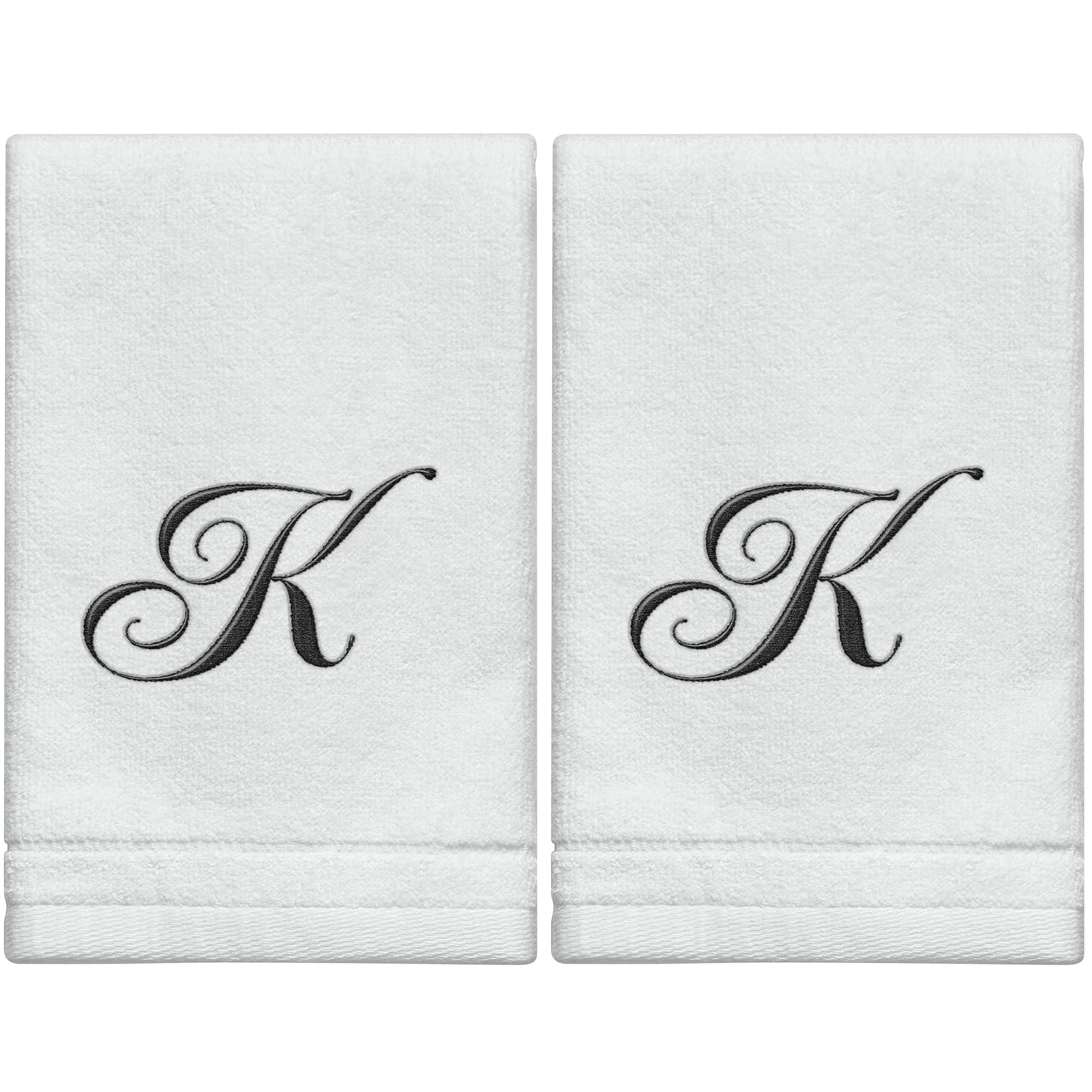 Toallas con Monograma, Regalo Personalizado, 11 x 18 Pulgadas, Juego de 2, Toallas Bordadas Negras, 100% algodón, Acabado de Terciopelo Suave, para baño, Cocina, SPA, Inicial K (Blanco)