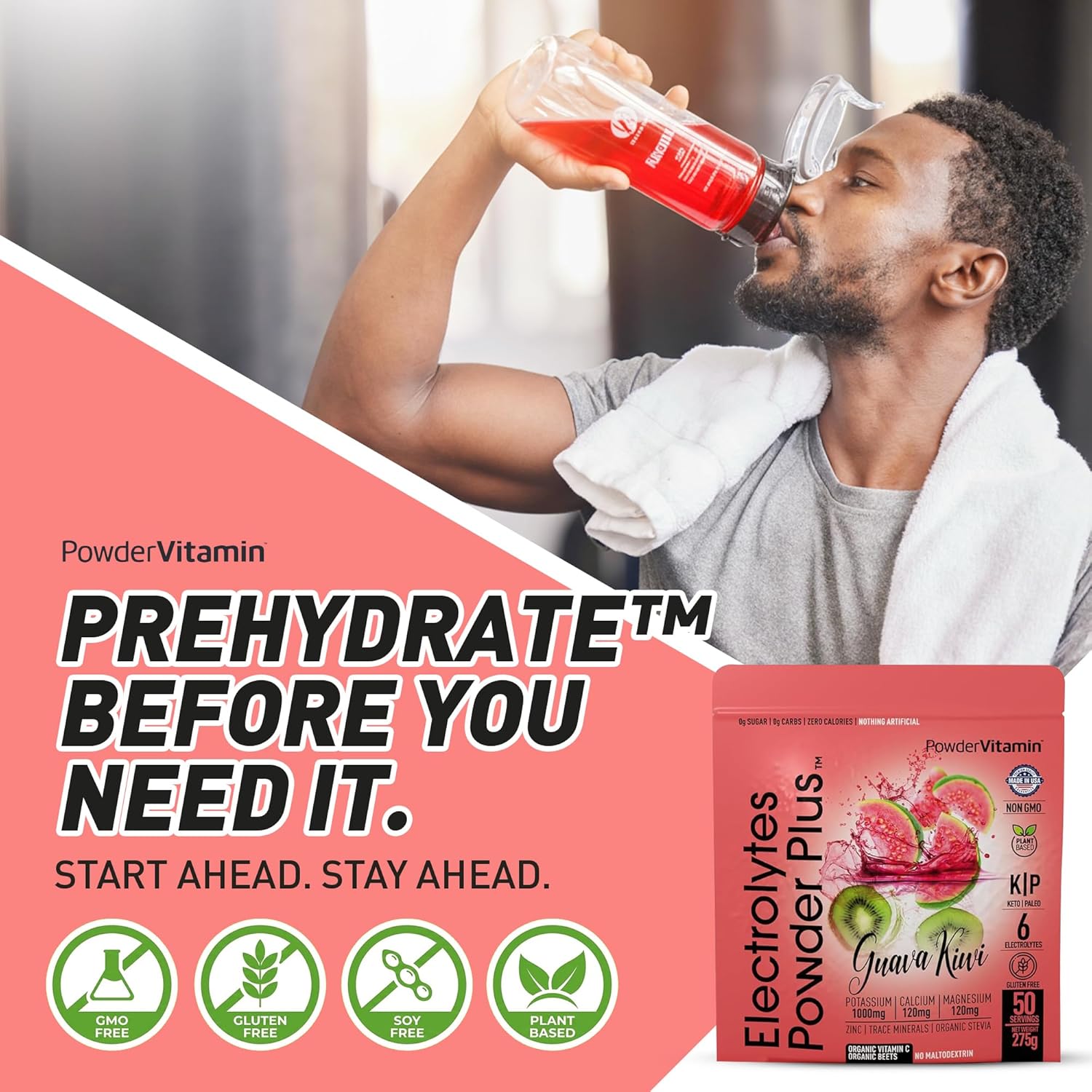 PowderVitamin Electrolytes Powder Plus (50 Servings) Guava Kiwi Electrolyte Powder Zero Calorie Keto, 0 Sugar, No Maltodextrin,1000mg Potassium,120mg Calcium,120mg Magnesium, Hydration Powde