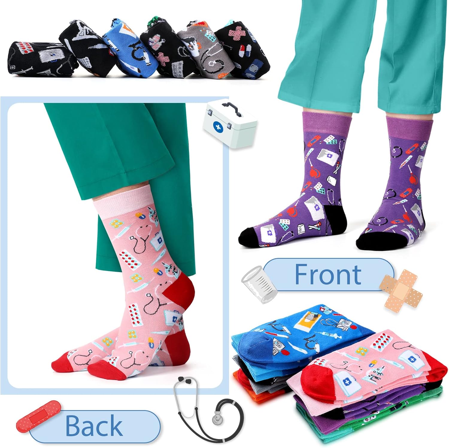 12 Pairs Funny Nurse Socks Women Doctor Day Novelty Crew Socks Bulk Nurse Week Gift for Medical Assistant Dental - Image 4