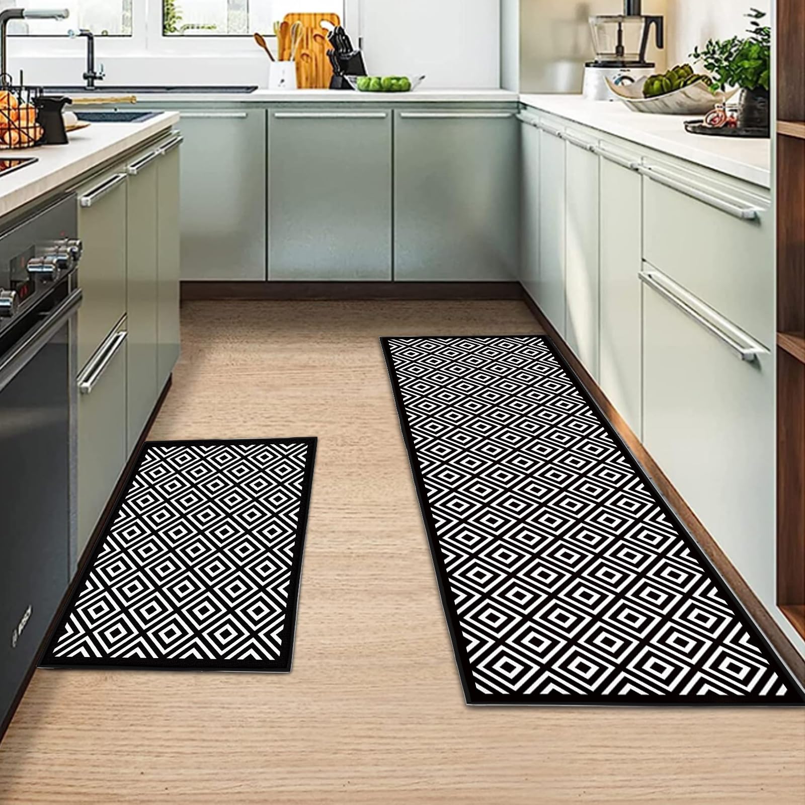MIQEBX Kitchen Rug 2 Piece Set,Non-Slip Absorbent and Washable Runner Rug,Geometric Kitchen Floor Mat for Kitchen, Home, Office, Sink, Laundry (B-Black, 40x120cm+40x60cm) โ image 1