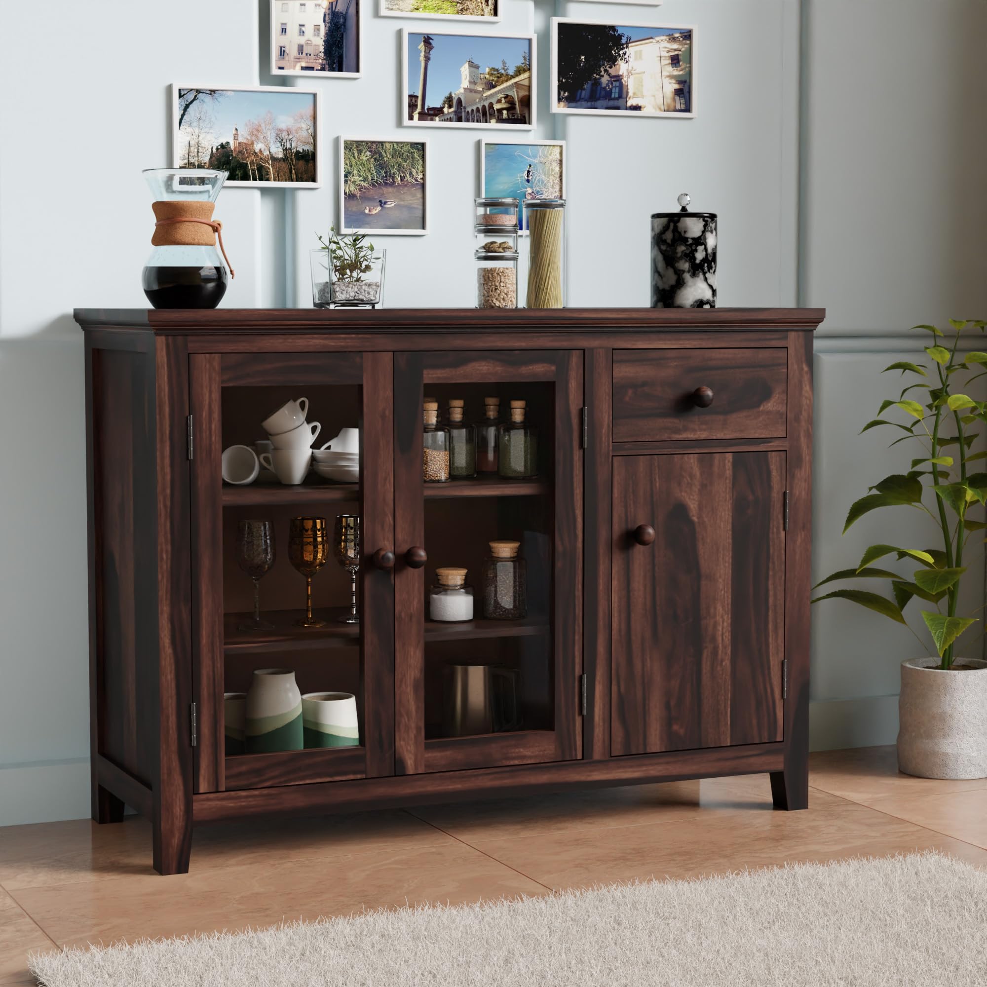 AMAZART FURNITURE Sheesham Wood Sideboard Cabinet for Living Room | Wooden Crockery Cabinet with 2 Acrylic Glass Door | Kitchen Display Unit | 2 Acrylic Glass Doors, 1 Door & 1 Drawer | Walnut