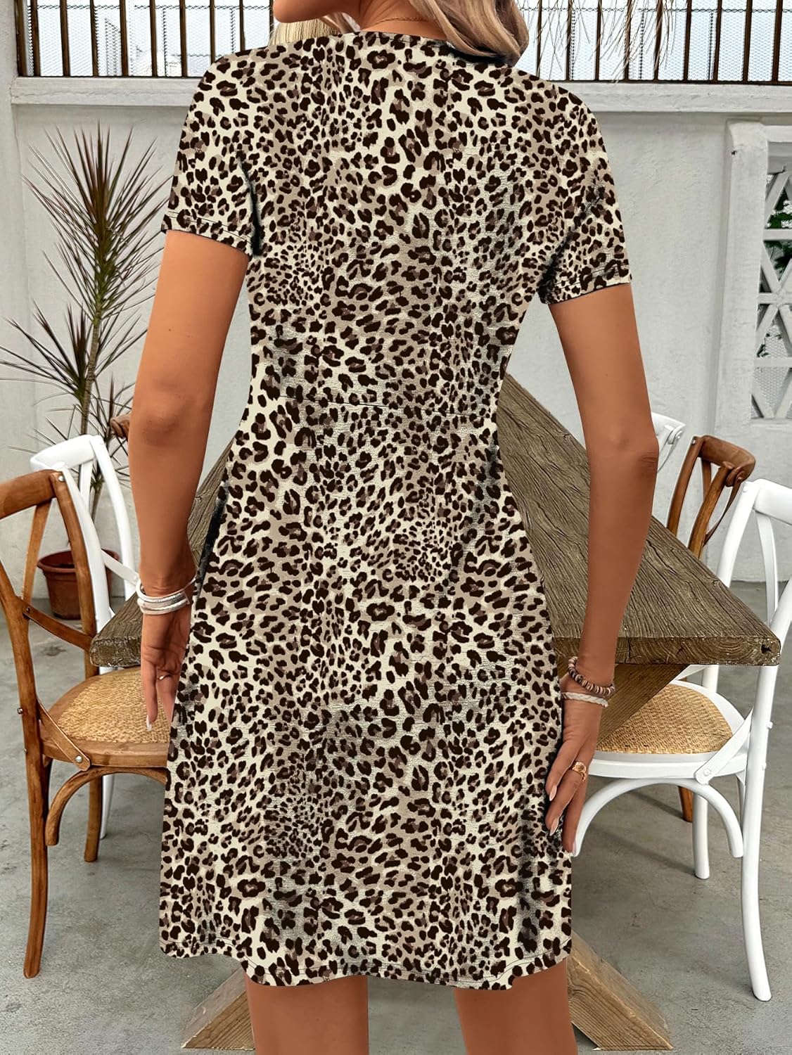 OYOANGLE Women's Leopard Print Short Sleeve Short Dress Cheetah Twist Front Ruched Ruffle Dresses - Image 2