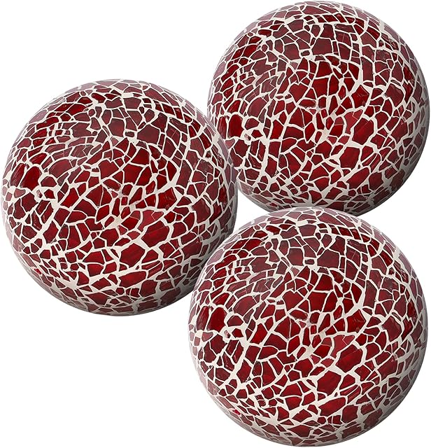 Kepfire Round Glass Solid Sphere 3Pcs/8cm Mosaic Crackl Balls Coffee Table Vases Wedding Christmas Party Decorative - Red