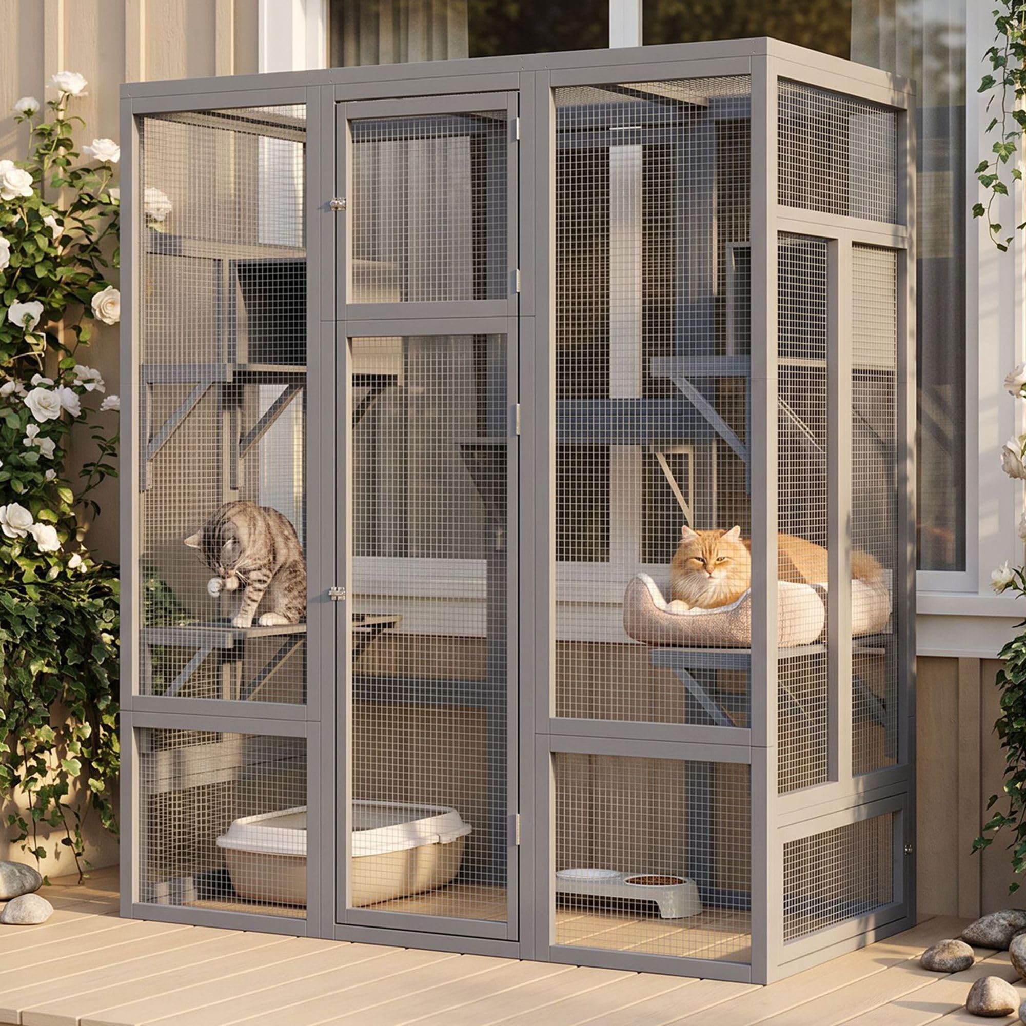 5-Level Cedar Wood Catio Outdoor Cat Enclosure, Water-Resistant Roof