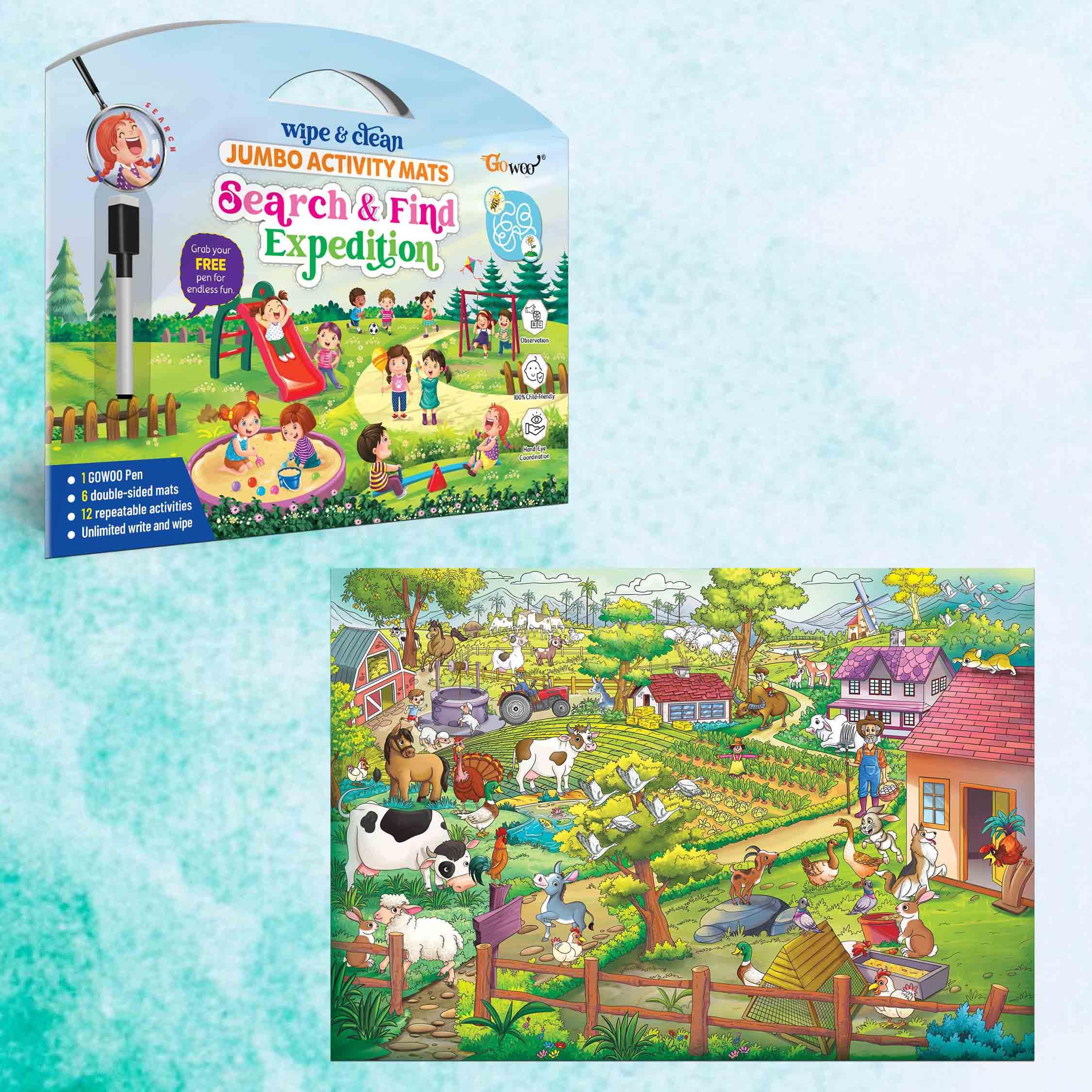 Search & FIND Expedition and Giant at The Farm Colouring Poster | Combo of 1 Activity mat with Pen and 1 Colouring Poster | Imaginative Harvest: Giant Farm Coloring Poster and Search & Find Mat