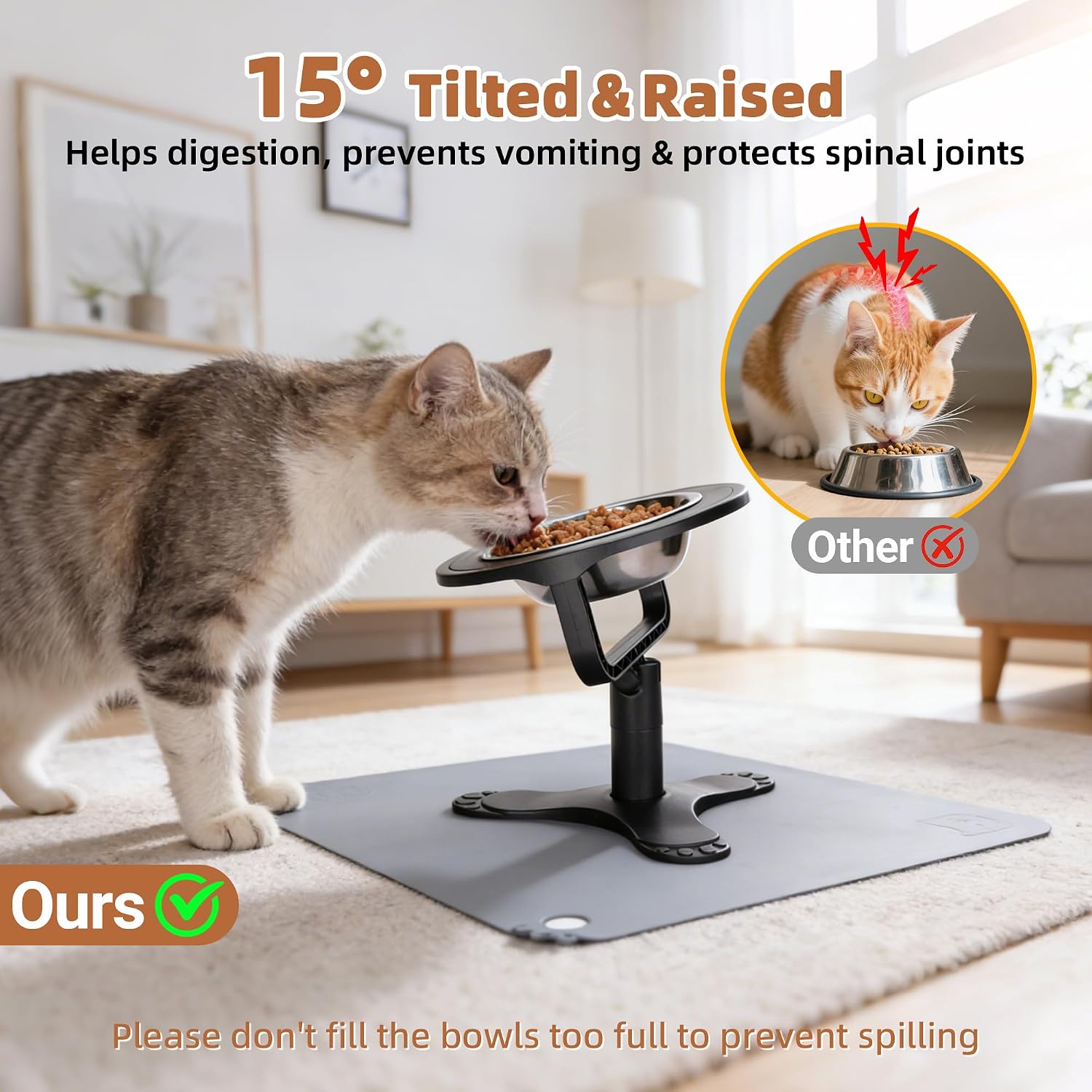Elevated Cat Bowl with Silicone Food Mat, 3 Height Adjustable, 15° Tilted Cat Bowls Stand with Stainless Steel Bowl for Indoor Cats & Kittens (2 Pack with Mat)，Black